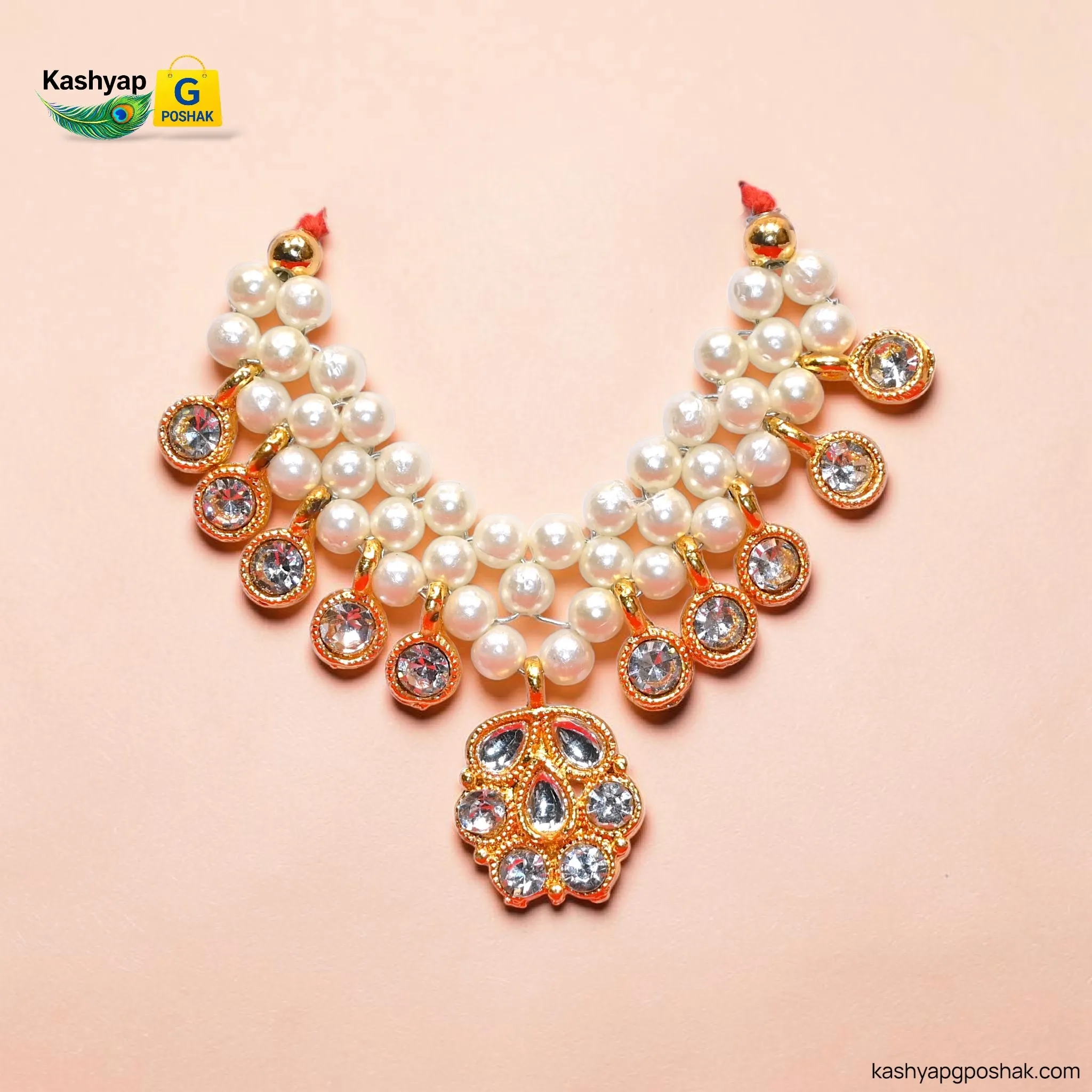 Laddu Gopal Pearl Haar for Size 1, 2, 3 | Moti & AD Stone Pendant Mala for Krishna Ji, Radha Rani & Thakur Ji | Handmade Shringar Jewellery for God Idols (1 Piece)