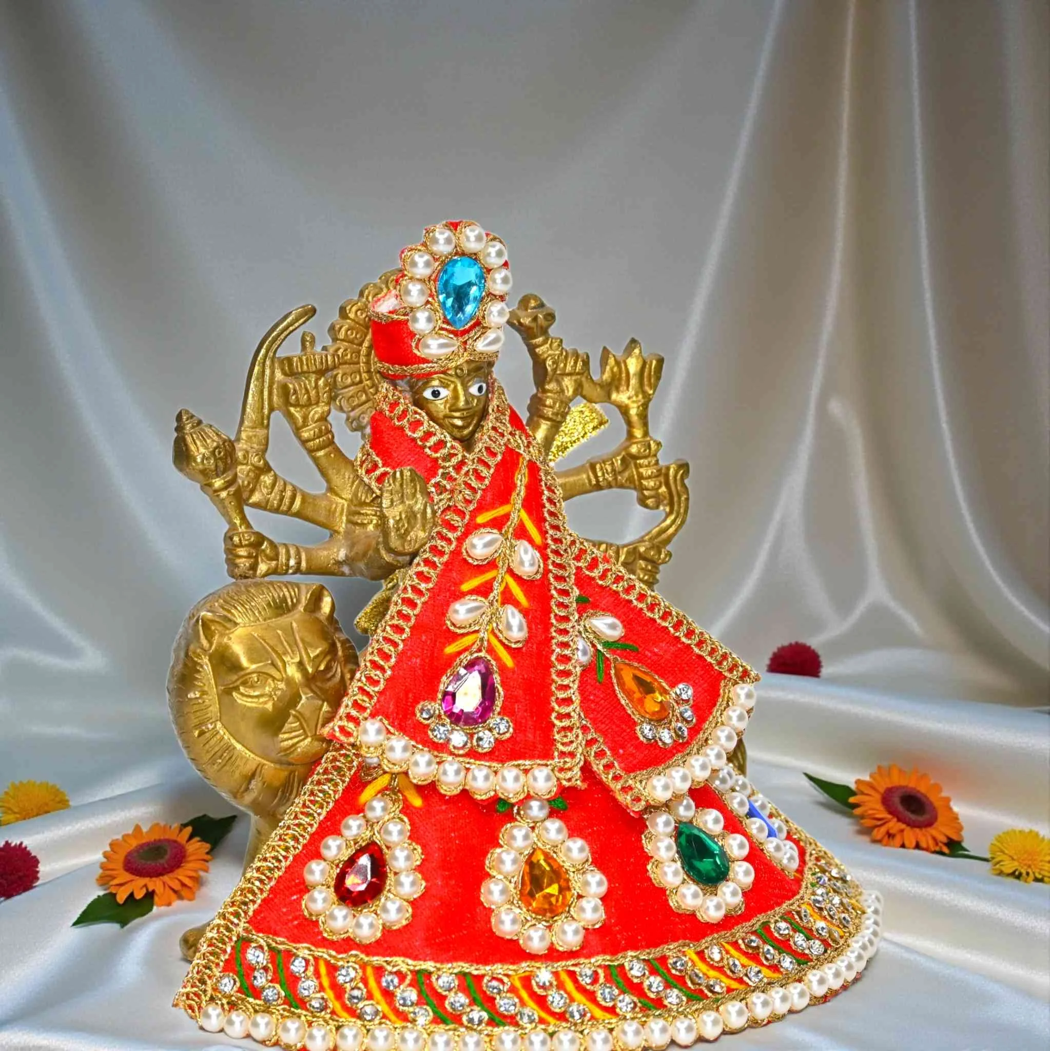  Click to see full view Product Image Product Image Product Image Product Image Product Image  Ask Rufus  Can it be used for daily pooja?   Does it come with a mukut?   Is it handmade?   Ask something else MATA Rani Poshak | MATA Rani Ji Dress for Idol | 