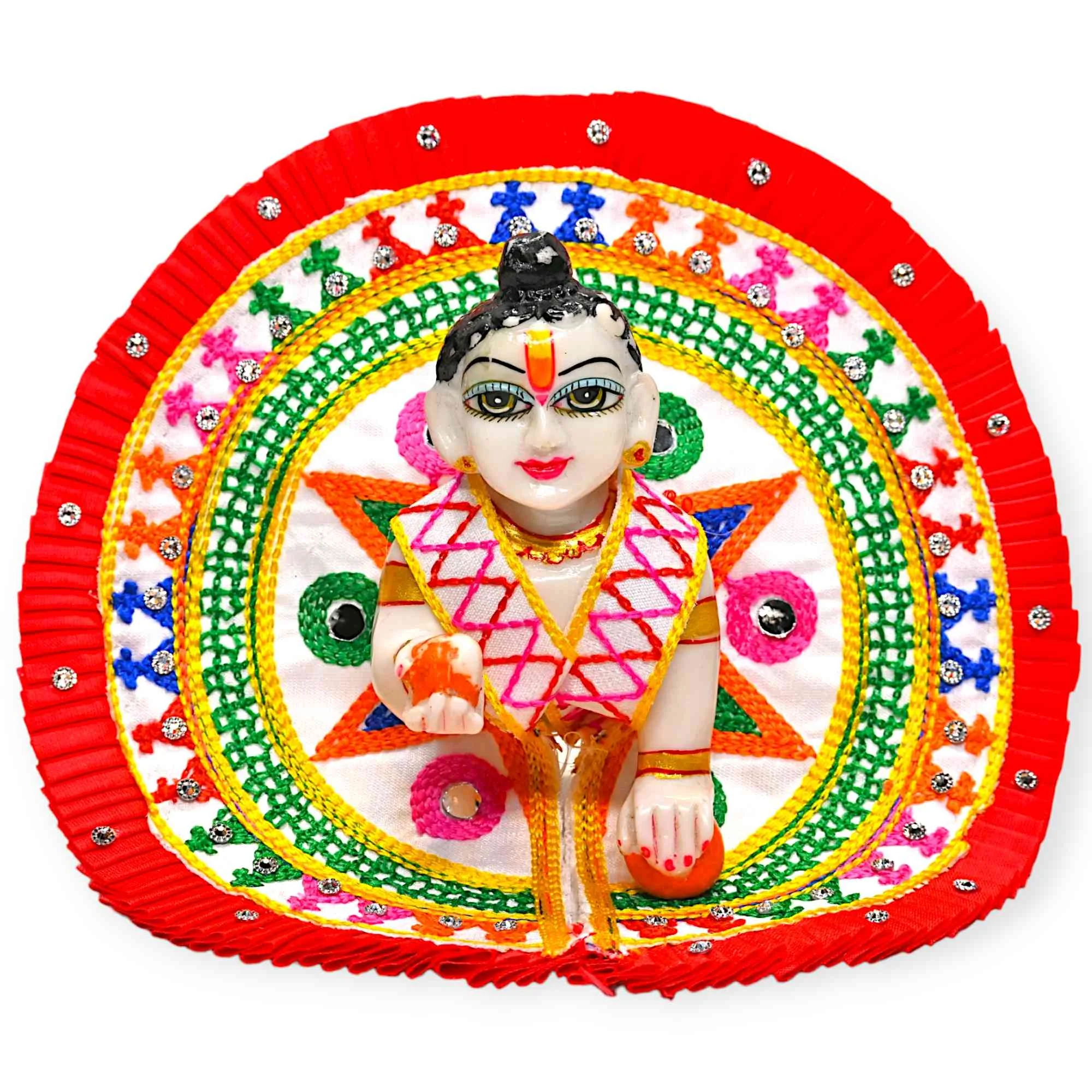 Enhance your Laddu Gopal Ji’s shringar with this beautifully handcrafted cotton summer poshak with mukut from Kashyap G Poshak. Designed especially for warm weather, this dress is made using soft and breathable cotton fabric that keeps the idol well-dress