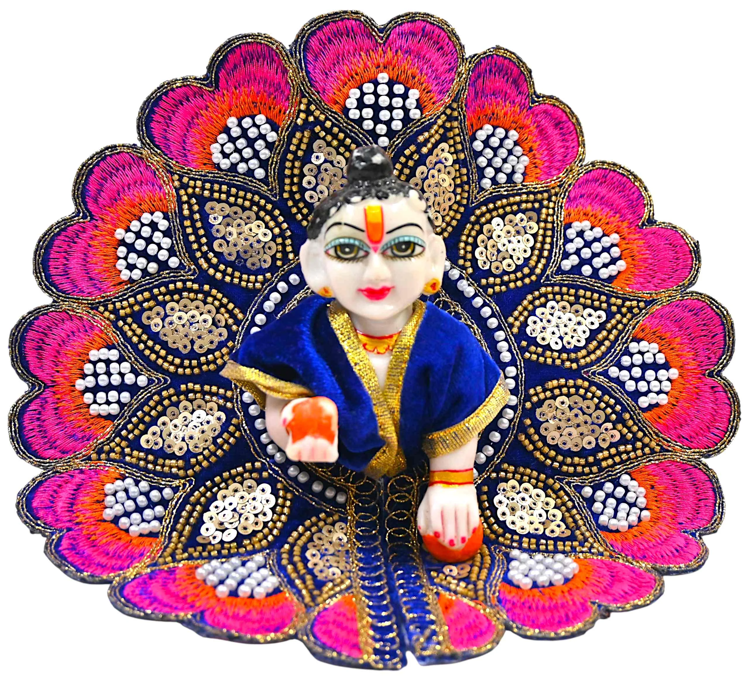 Bring divine charm and grace to your temple with this Premium Velvet Laddu Gopal Ji Poshak, designed with intricate hand embroidery and vibrant sequin detailing. Each poshak is made with devotion and care to enhance the beauty of your beloved Bal Gopal Ji