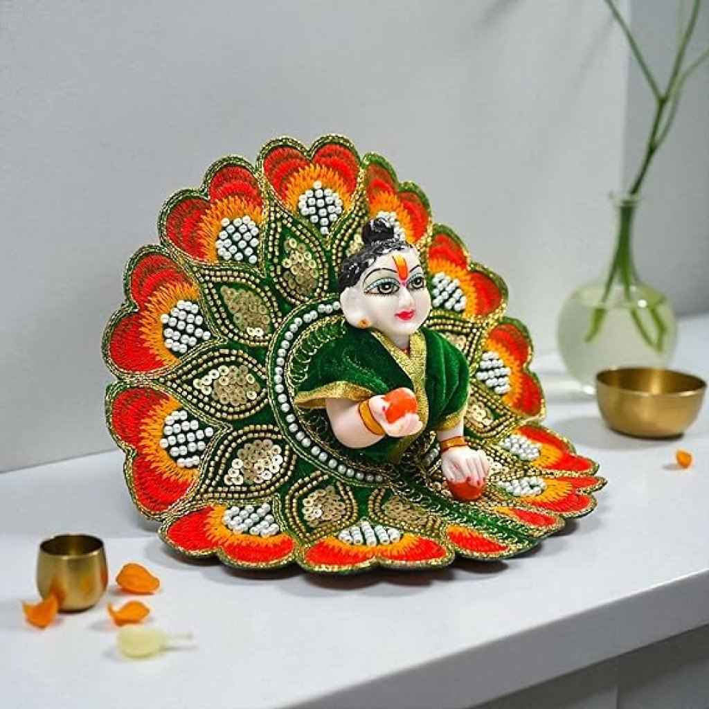 Velvet Embroidered Laddu Gopal Ji Dress | Designer Peacock Style Poshak for Krishna Ji | Bal Gopal Vastra for Janmashtami & Daily Pooja | 6 Colors (Size 0–6) (Green)