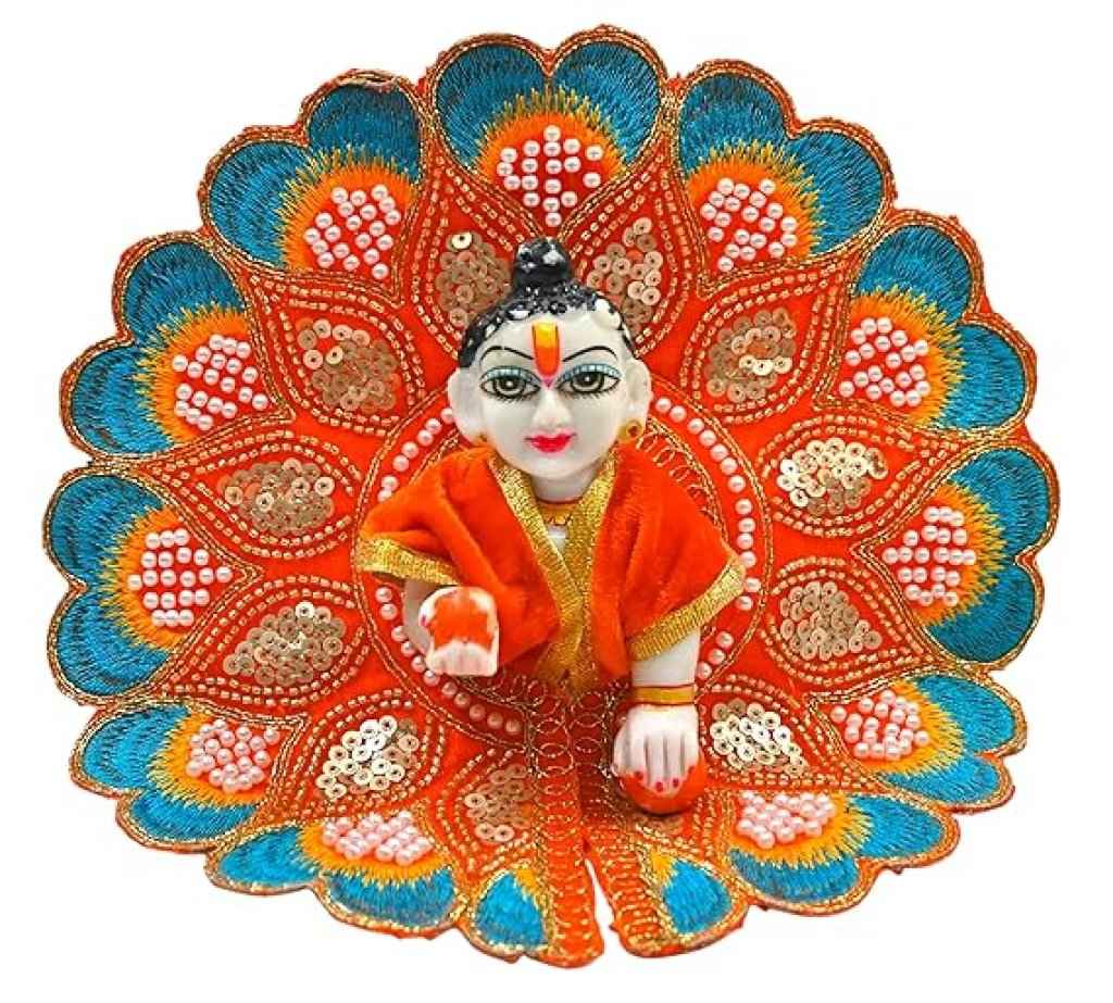 Velvet Embroidered Laddu Gopal Ji Dress | Designer Peacock Style Poshak for Krishna Ji | Bal Gopal Vastra for Janmashtami & Daily Pooja | 6 Colors (Size 0–6) (Orange)