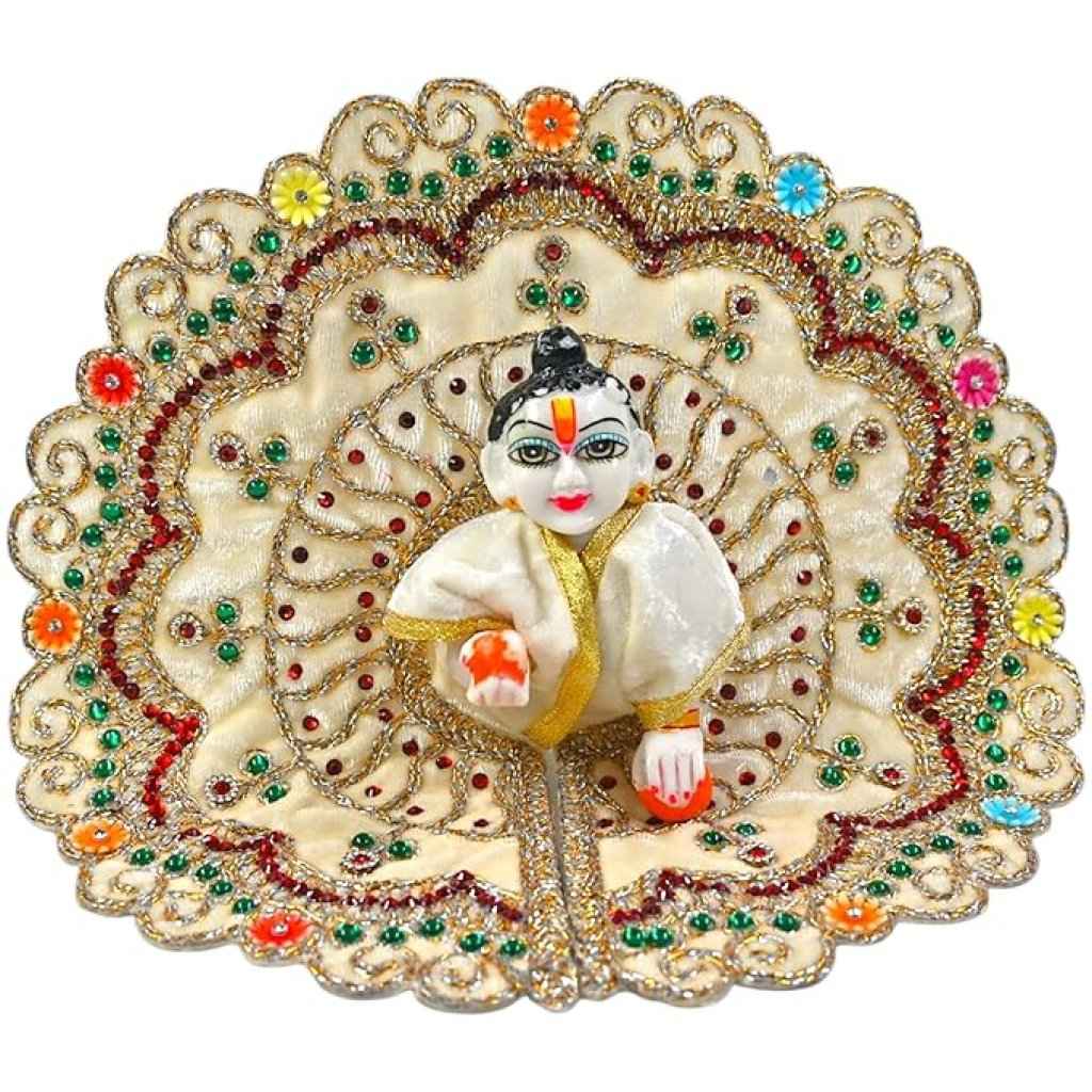 Kashyap G Poshak® Velvet Laddu Gopal Ji Dress | Stone Work Winter Poshak for Thakur Ji | Soft Warm Velvet Vastra (Cream)