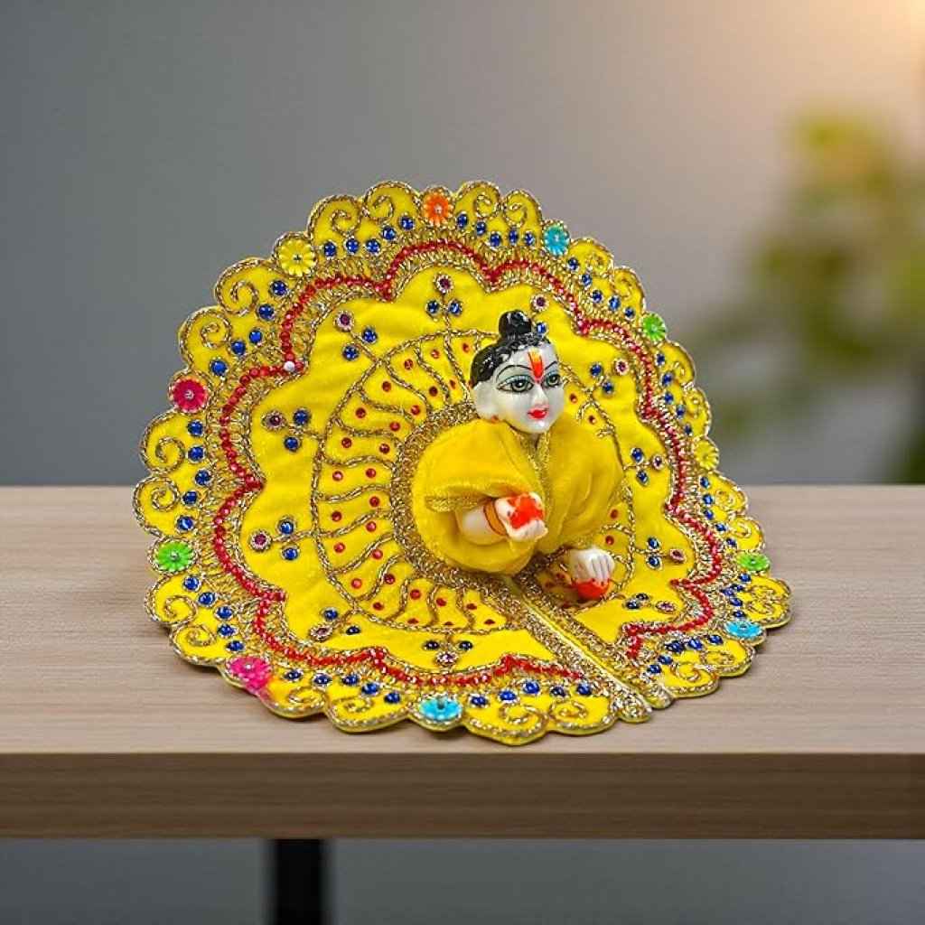 Kashyap G Poshak® Velvet Laddu Gopal Ji Dress | Stone Work Winter Poshak for Thakur Ji | Soft Warm Velvet Vastra (Yellow)