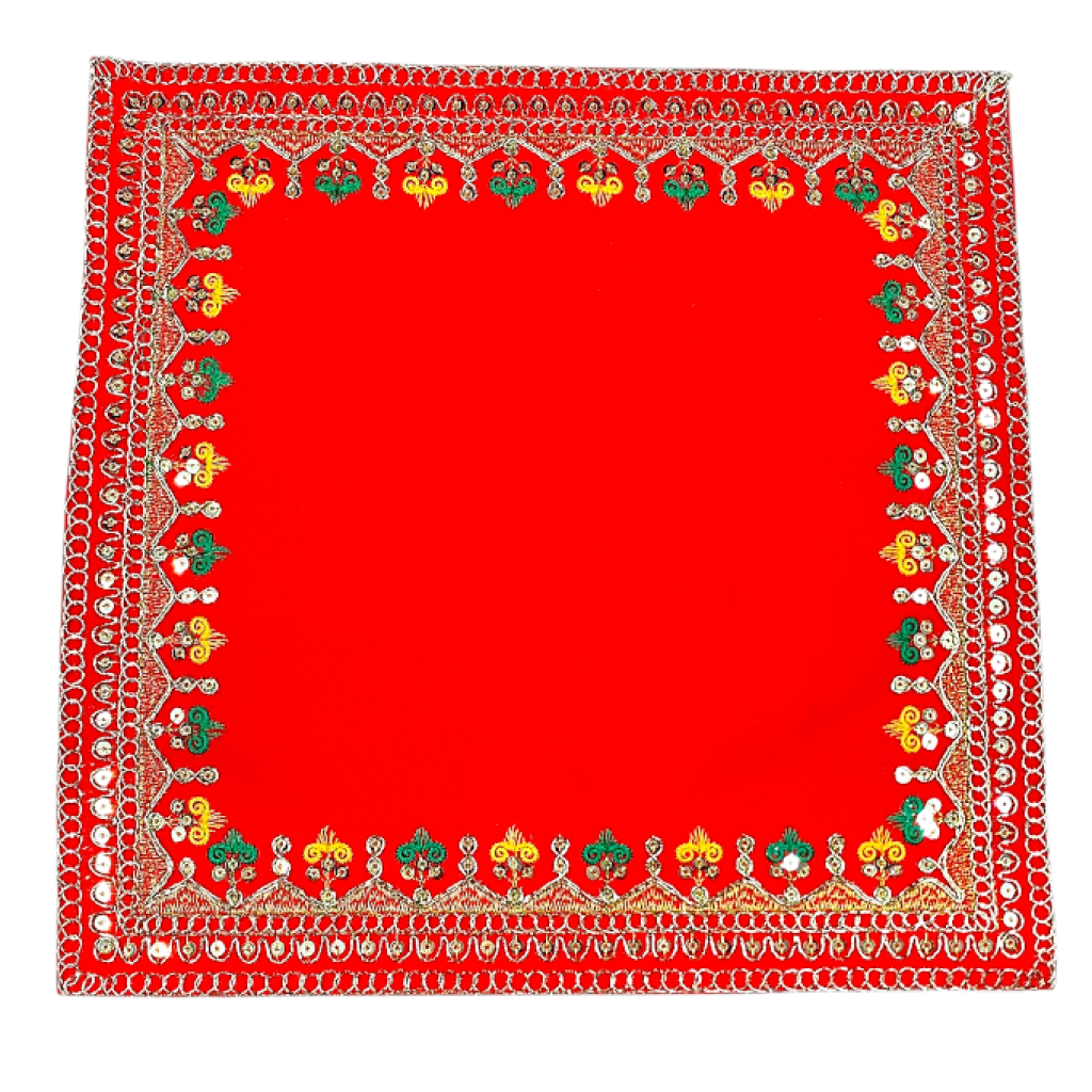 VedaantCreation – 15 x 15 Inch Red Velvet Pooja Aasan Cloth with Multicolor Floral Border | Decorative Chowki Aasan for God Idol, Mandir, Puja & Temple – Pack of 1