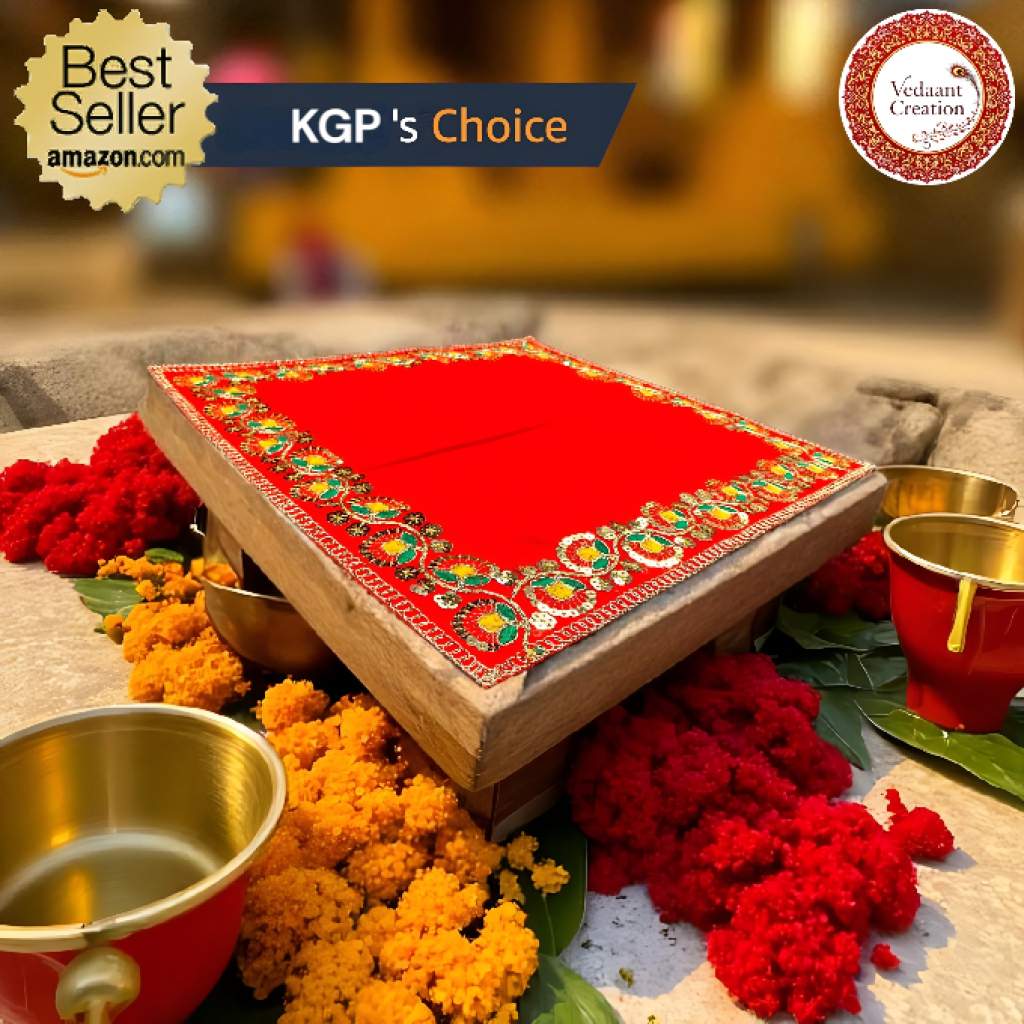 VedaantCreation – 15 x 15 Inch Red Velvet Pooja Aasan Cloth with Multicolor Floral Border | Decorative Chowki Aasan for God Idol, Mandir, Puja & Temple – Pack of 1