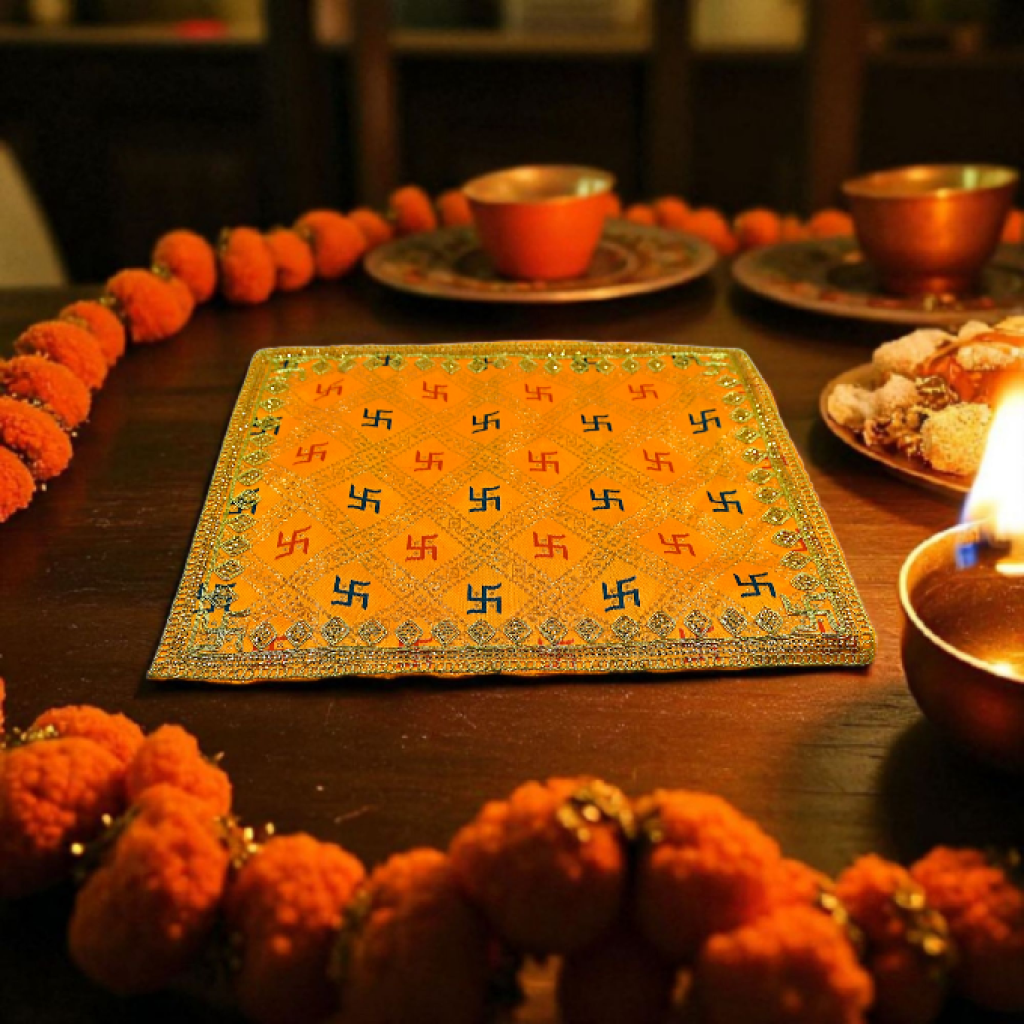 Pooja Aasan Cloth | Decorative Mandir Aasan with Swastik Design for Home Temple & Festivals (10x20 Inche, Red/Yellow)
