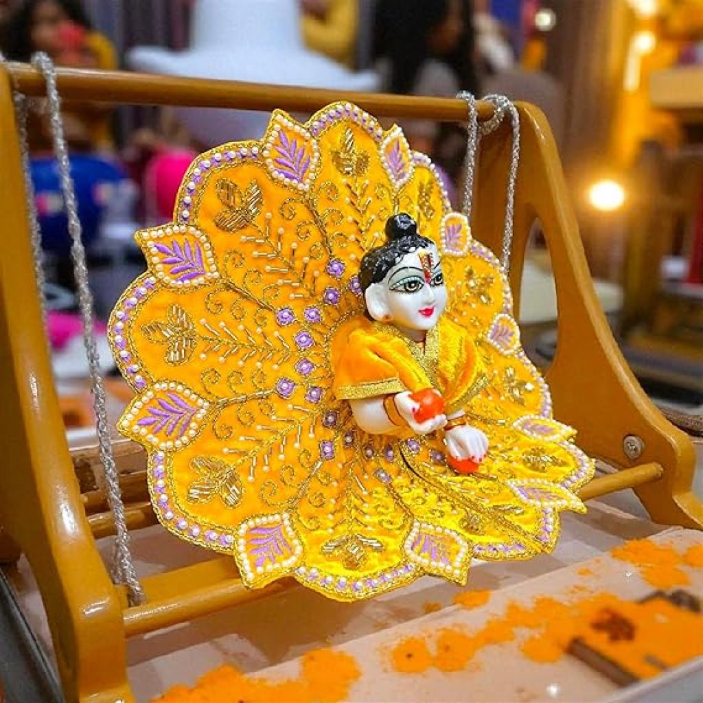 Velvet Laddu Gopal Ji Dress (Size 0–6) | Handmade Embroidered Poshak for Bal Gopal Ji | Krishna Ji Vastra for Janmashtami, Diwali & Daily Pooja (Yellow)