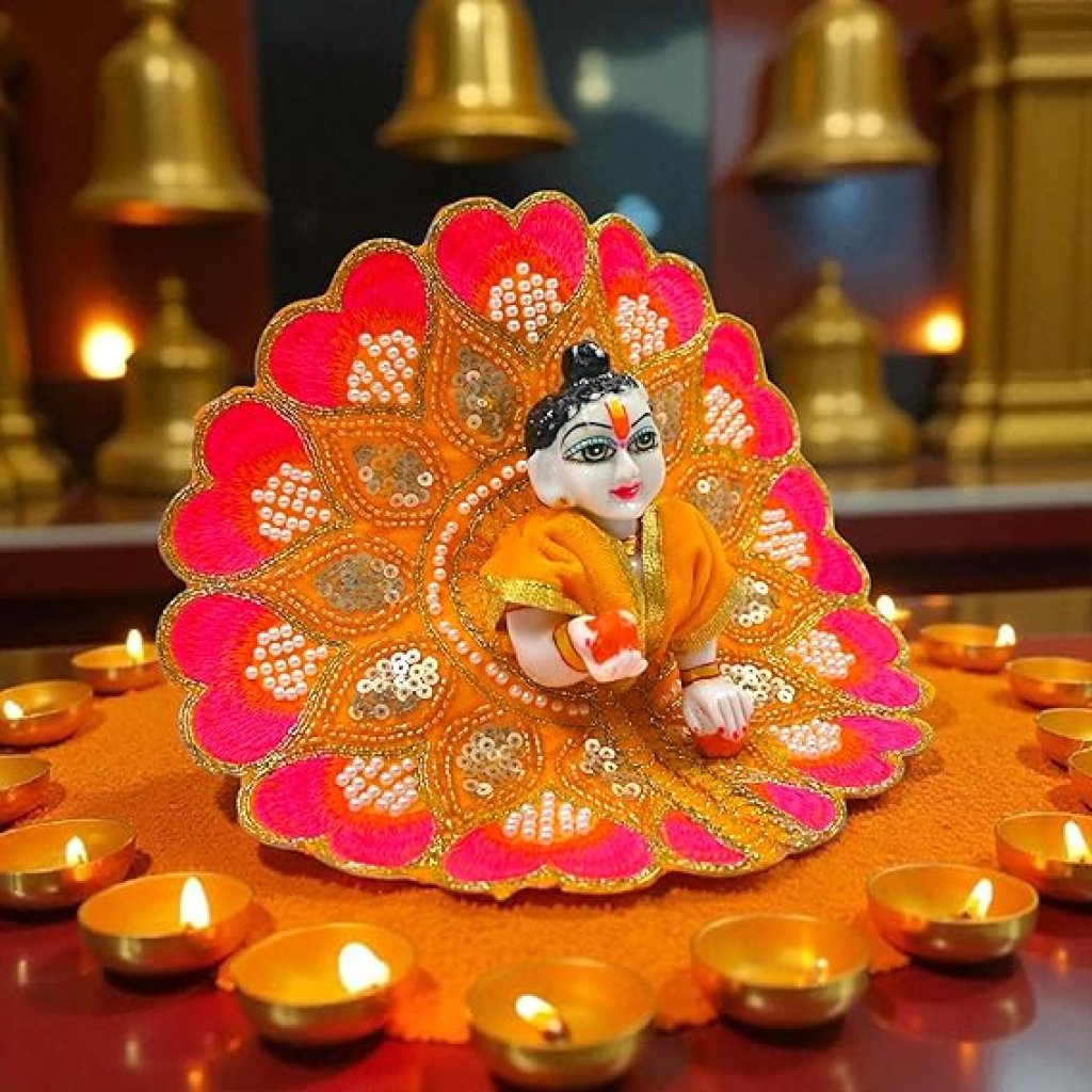 Velvet Embroidered Laddu Gopal Ji Dress | Designer Peacock Style Poshak for Krishna Ji | Bal Gopal Vastra for Janmashtami & Daily Pooja | 6 Colors (Size 0–6) (Yellow)