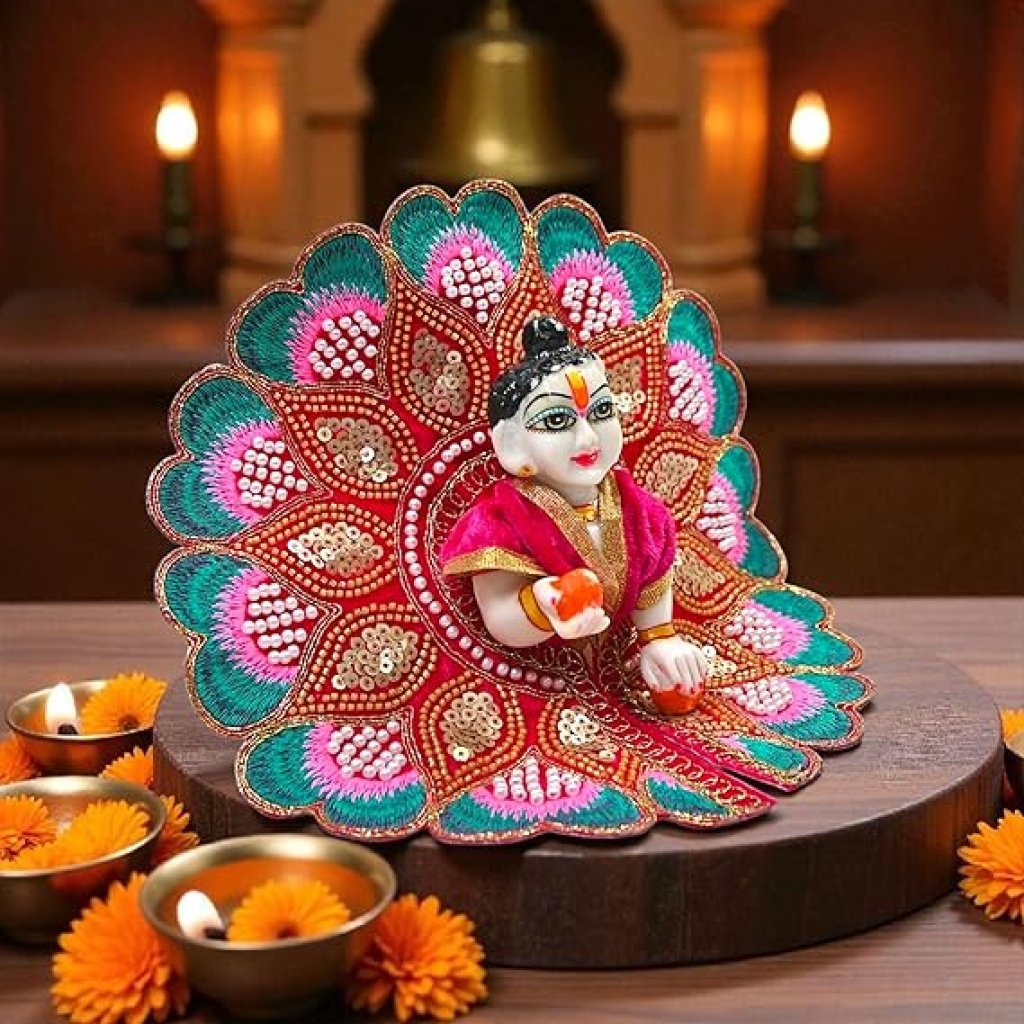 Velvet Embroidered Laddu Gopal Ji Dress | Designer Peacock Style Poshak for Krishna Ji | Bal Gopal Vastra for Janmashtami & Daily Pooja | 6 Colors (Size 0–6) (Pink)