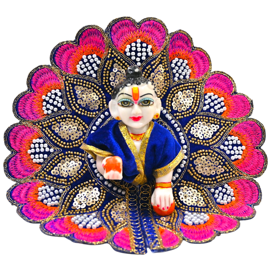 Velvet Embroidered Laddu Gopal Ji Dress | Designer Peacock Style Poshak for Krishna Ji | Bal Gopal Vastra for Janmashtami & Daily Pooja | 6 Colors (Size 0–6) (Blue)