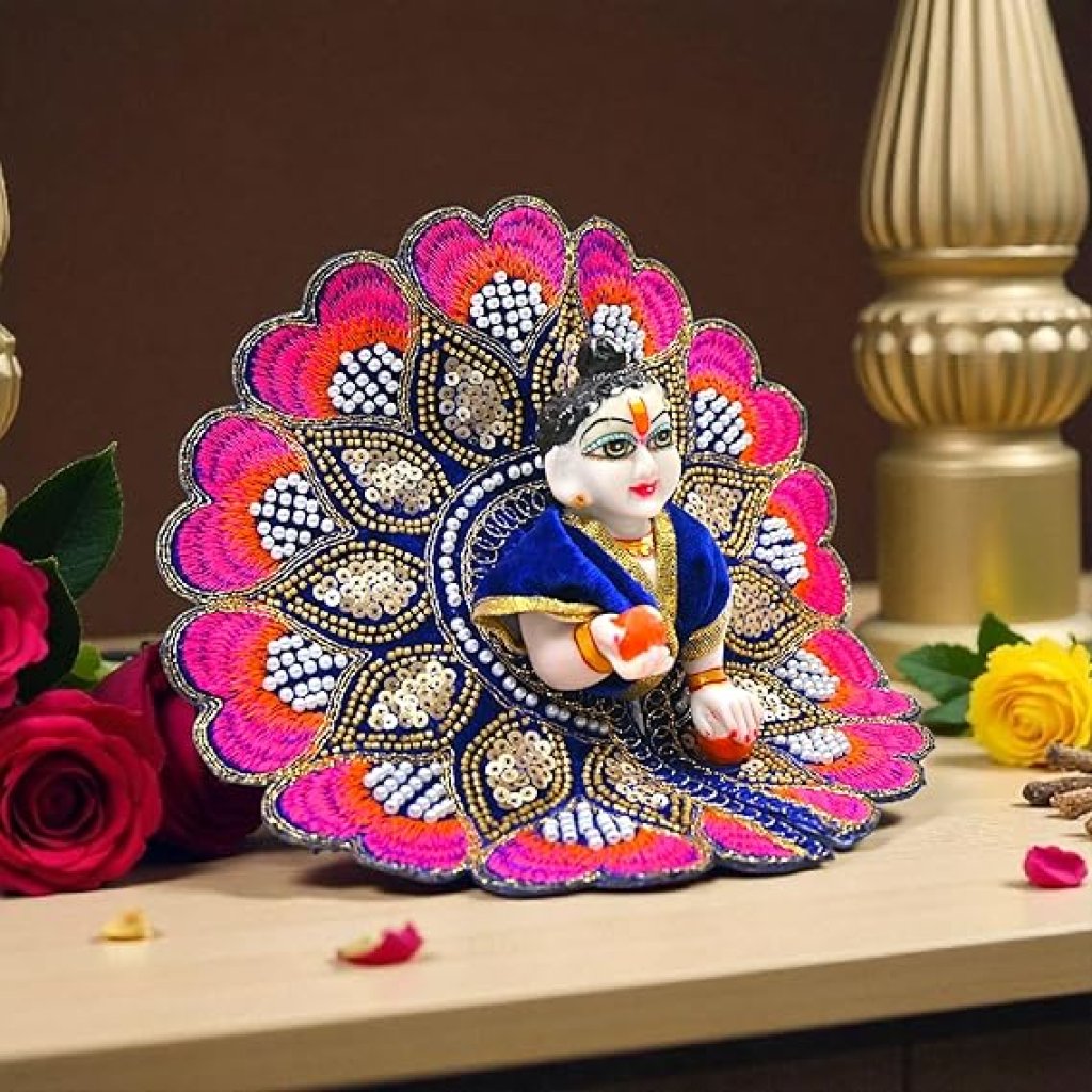 Velvet Embroidered Laddu Gopal Ji Dress | Designer Peacock Style Poshak for Krishna Ji | Bal Gopal Vastra for Janmashtami & Daily Pooja | 6 Colors (Size 0–6) (Blue)