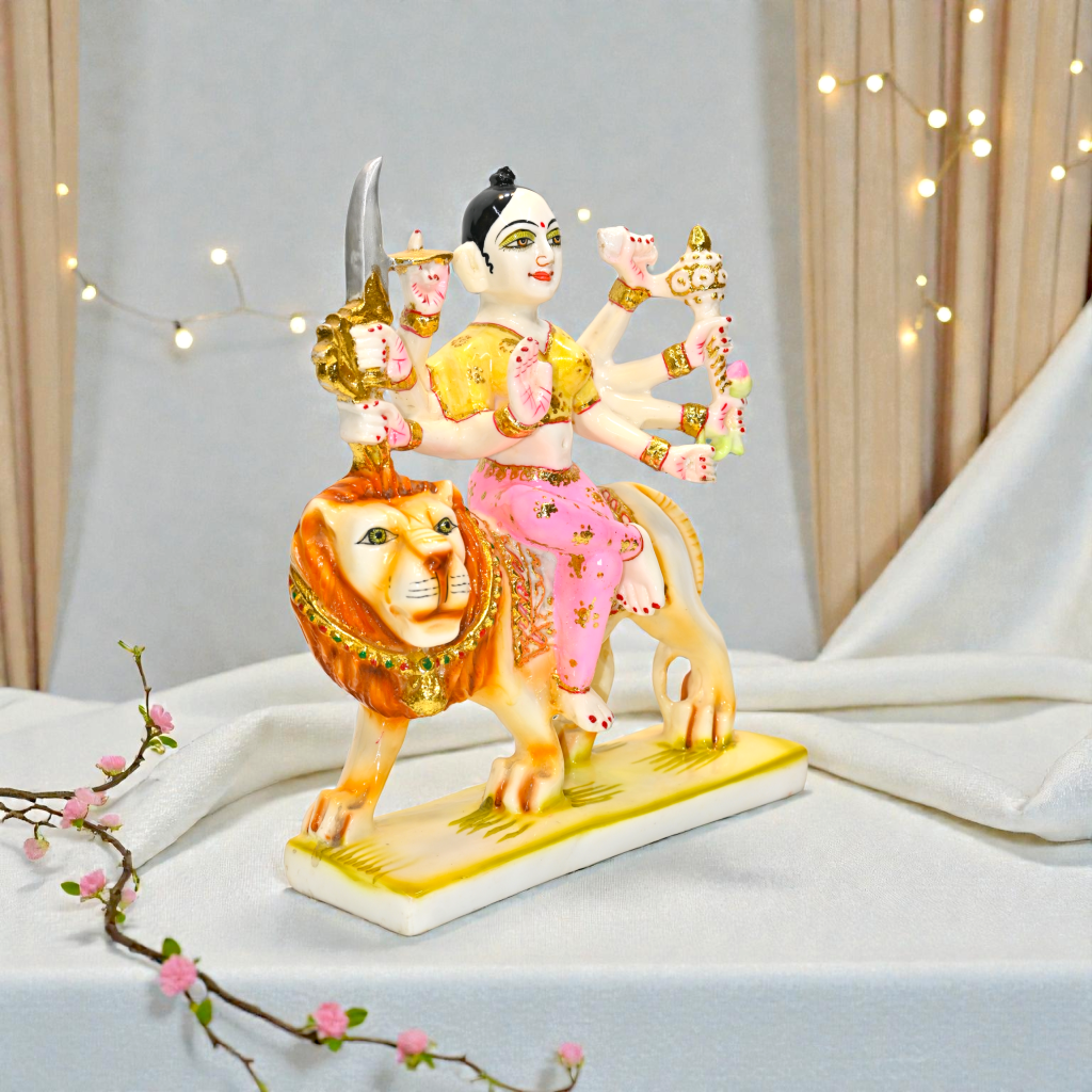 Marble Dust Iskon Sherawali MATA Durga MATA Vaishno Devi Murti Statue Idol for Home Pooja Room Gifted Piece Office Decor Idol Size 1 Feet 12 inches