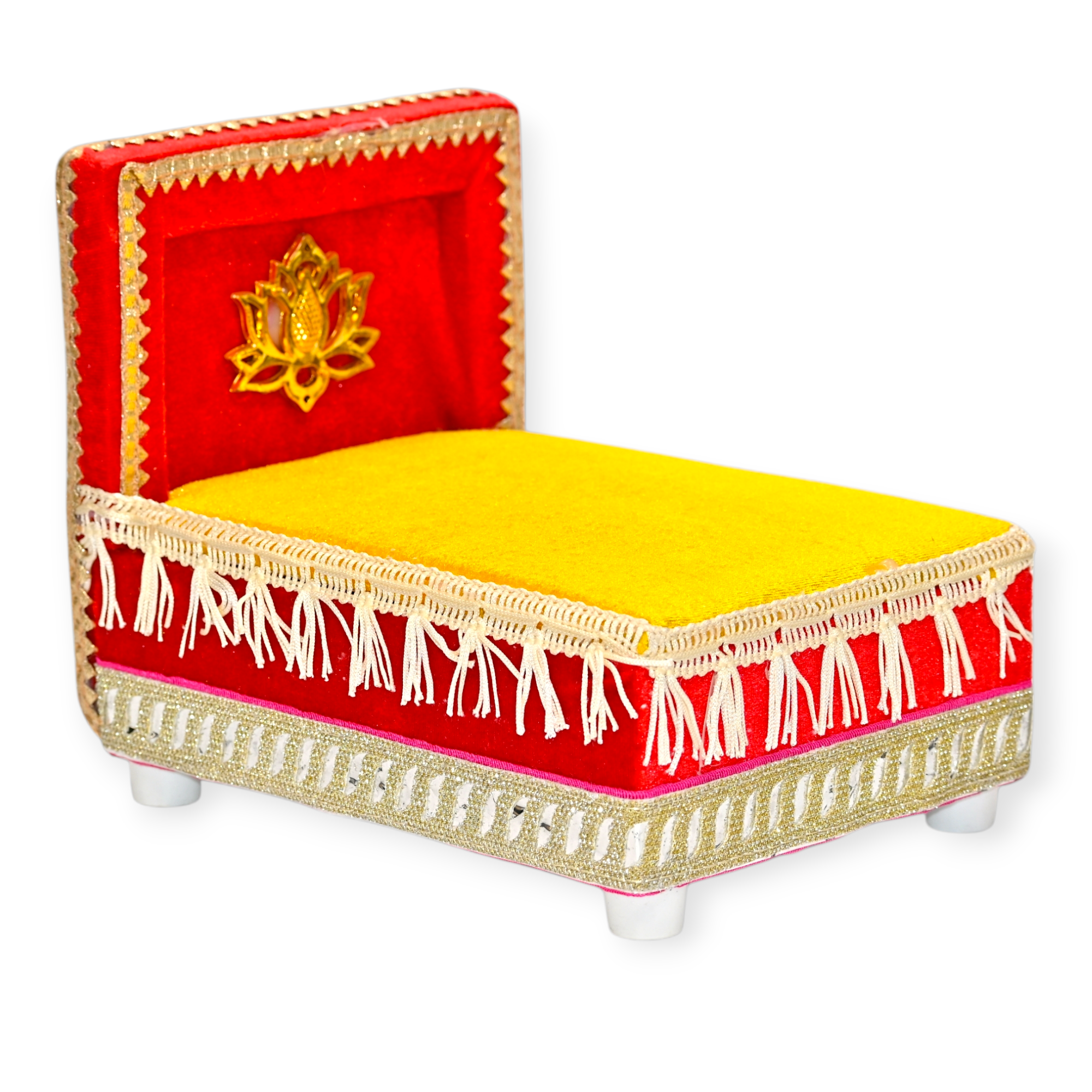 Laddu Gopal Ji Singhasan / Chowki | Velvet Cloth Pooja Aasan with Backrest |Handcrafted Gaddi Kanha ji Bed Decorative Thakur Ji Seat for Home Temple | Red & Yellow Color