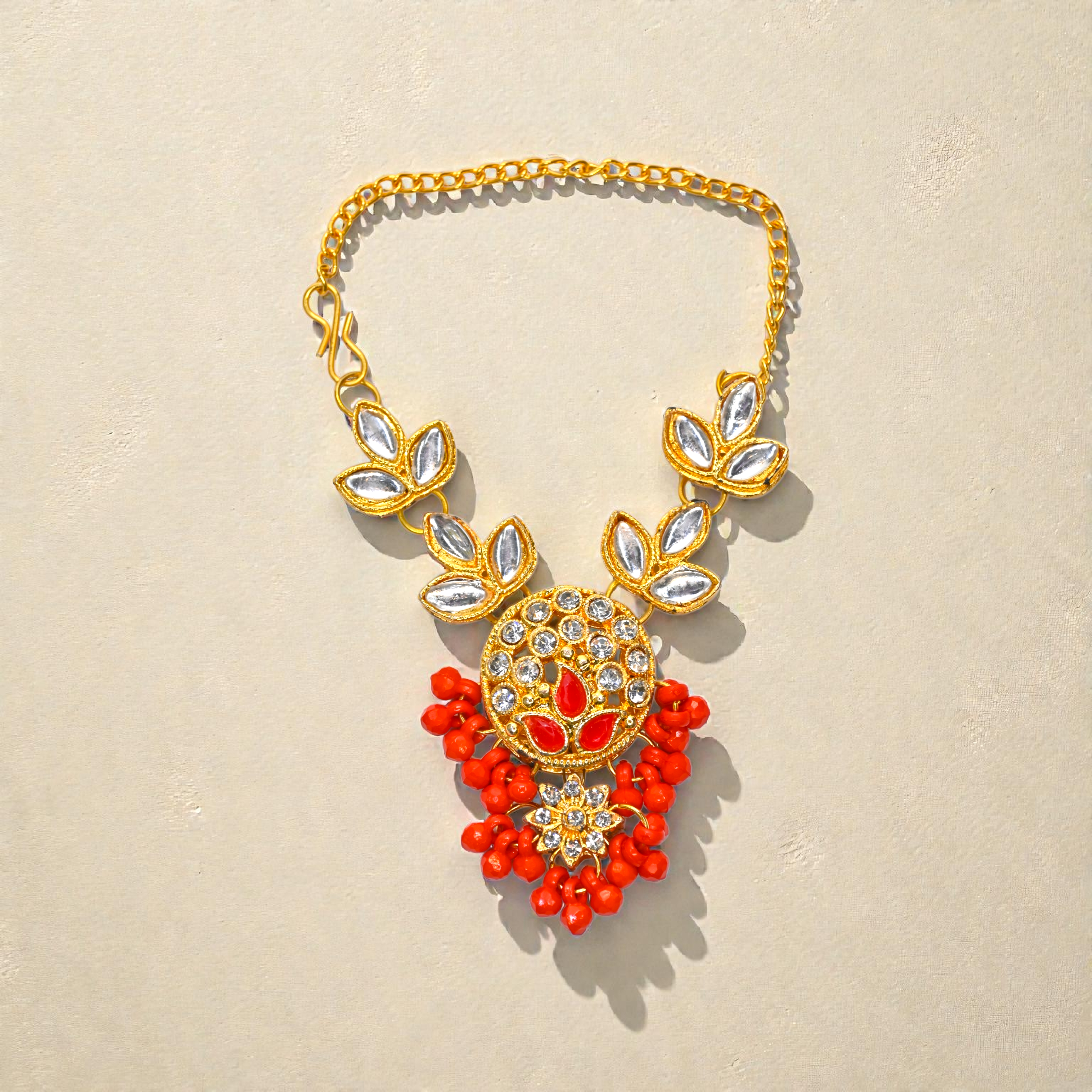 Kundan Red Beads Laddu Gopal Haar | Thakur Ji Shringar Necklace with Leaf Design | Suitable for 4, 5, 6 & 8 No Laddu Gopal Ji | Designer Deity Jewellery for Pooja & Janmashtami