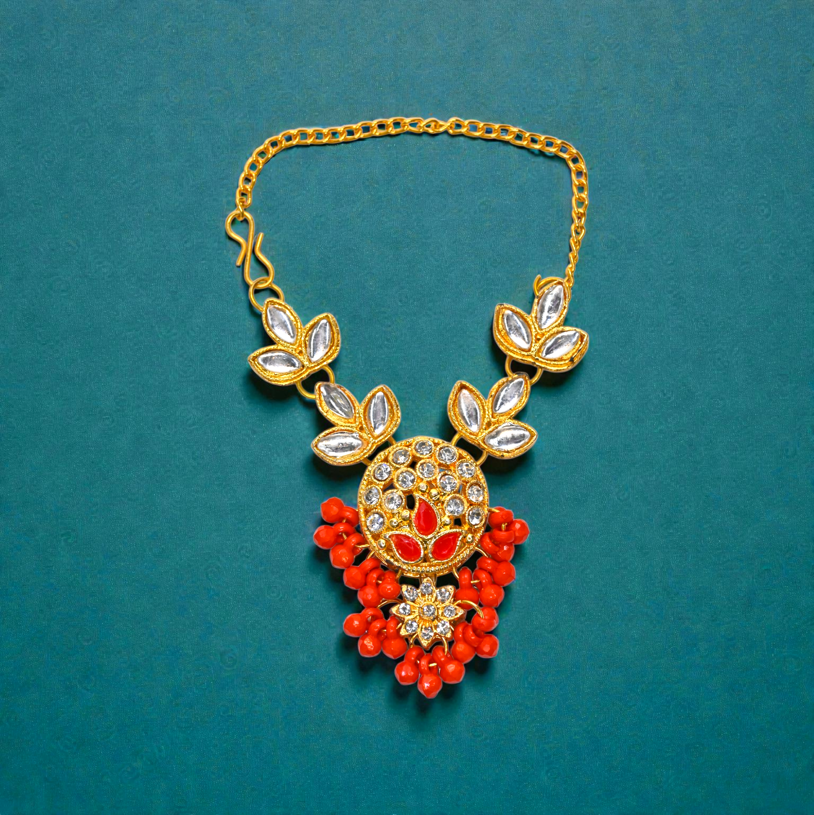 Kundan Red Beads Laddu Gopal Haar | Thakur Ji Shringar Necklace with Leaf Design | Suitable for 4, 5, 6 & 8 No Laddu Gopal Ji | Designer Deity Jewellery for Pooja & Janmashtami