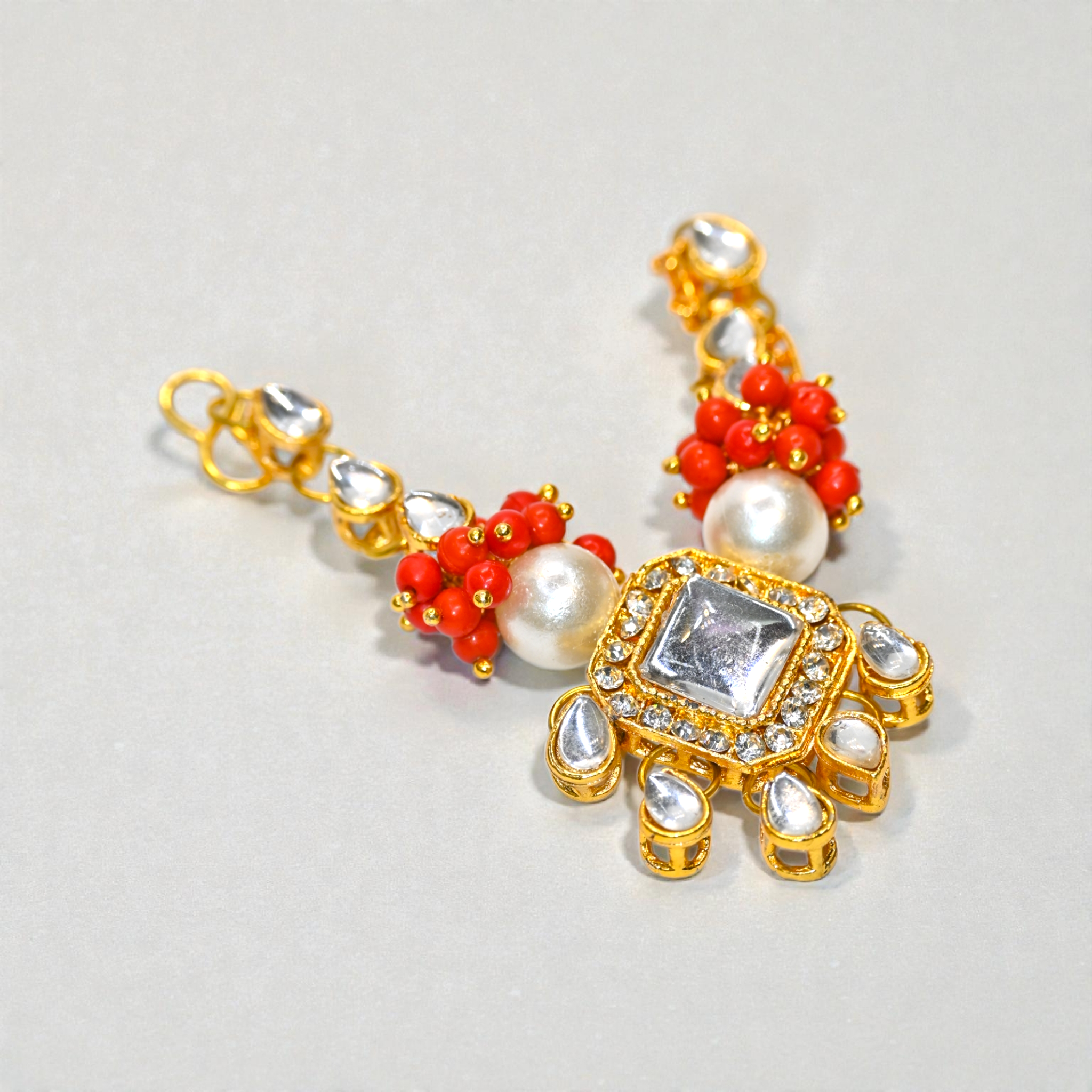 Pearl Kundan Laddu Gopal Haar with Red Beads | Thakur Ji Shringar Necklace | Suitable for 4, 5, 6 & 8 No Laddu Gopal Ji | Designer Deity Jewellery for Pooja & Janmashtami