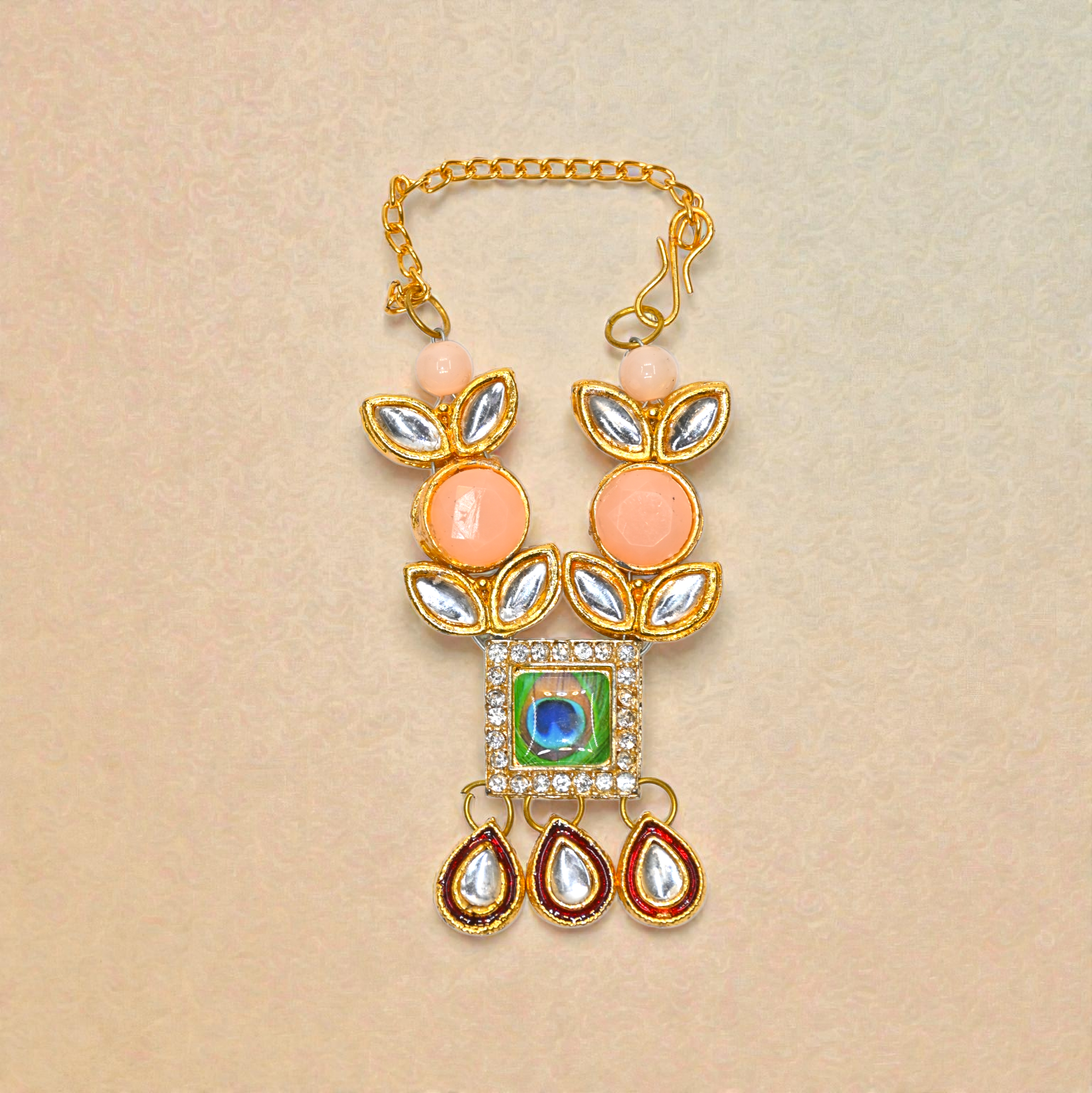 Peach Beads Mor Pankh Kundan Laddu Gopal Haar | Peacock Feather Thakur Ji Shringar Necklace | Suitable for 4, 5, 6 & 8 No Laddu Gopal Ji | Janmashtami Special Deity Jewellery