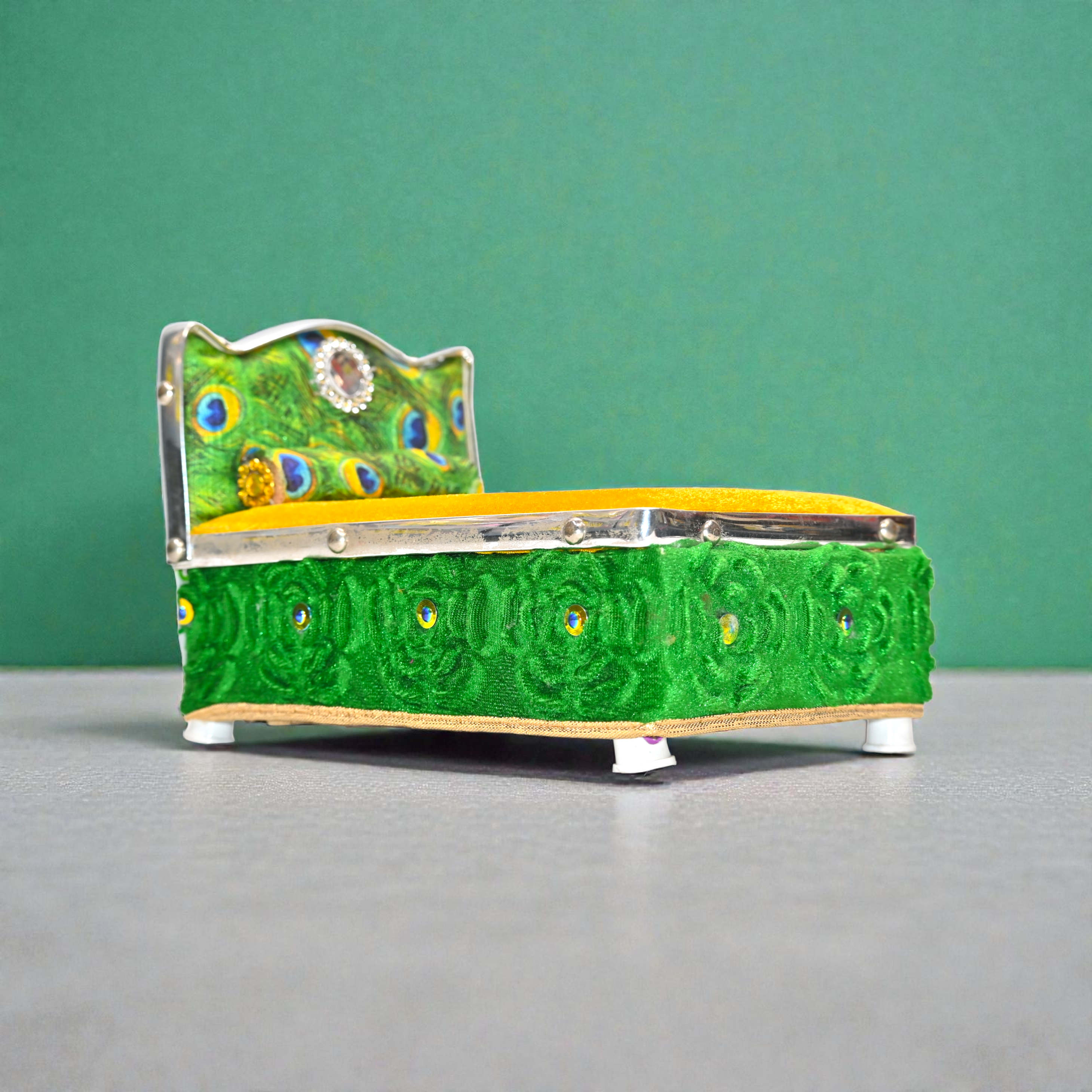 Peacock Design Laddu Gopal Bed | Thakur Ji Velvet Singhasan with Cushion | Decorative Palna for Bal Gopal Ji | Temple & Home Mandir Shringar