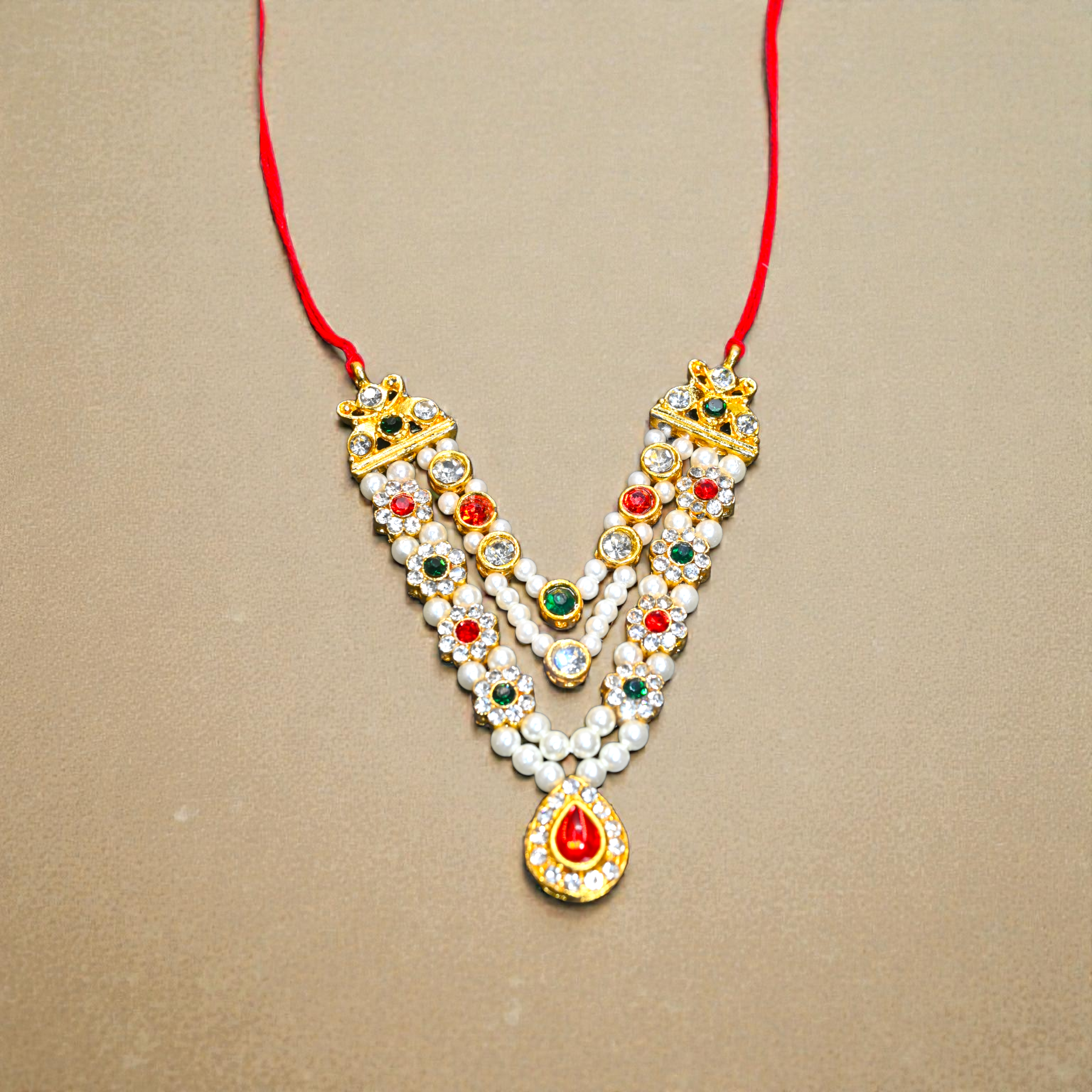 Pearl Kundan Laddu Gopal Haar with Red Drop Pendant | Multicolor Thakur Ji Shringar Necklace | Designer Deity Jewellery for 4, 5, 6 & 8 No Laddu Gopal Ji