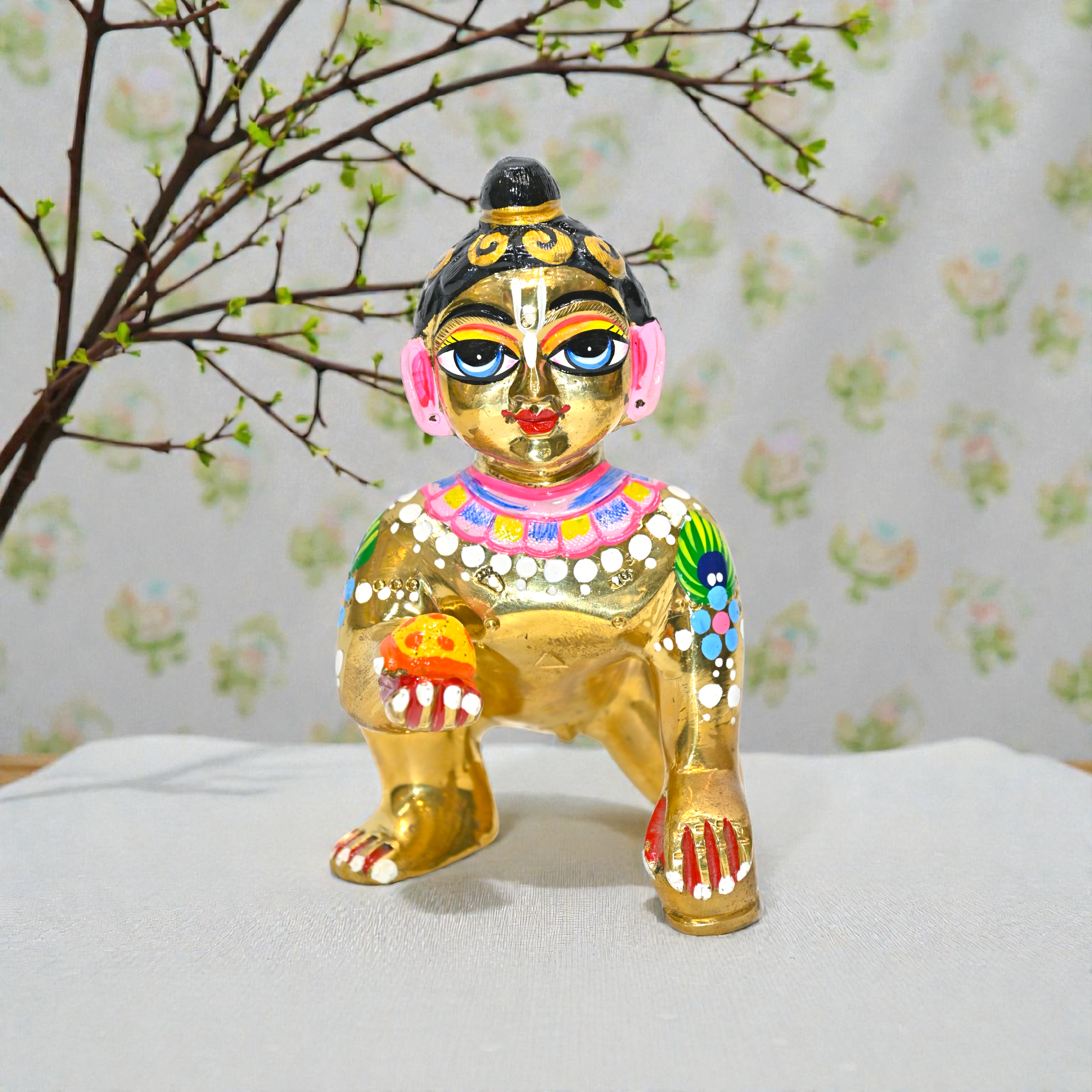 Laddu Gopal Ji Murti | Pure Brass Bal Gopal Krishna Idol with Makhan | Handcrafted Golden Finish Thakur Ji Statue for Home Mandir & Pooja 6 No Brass 