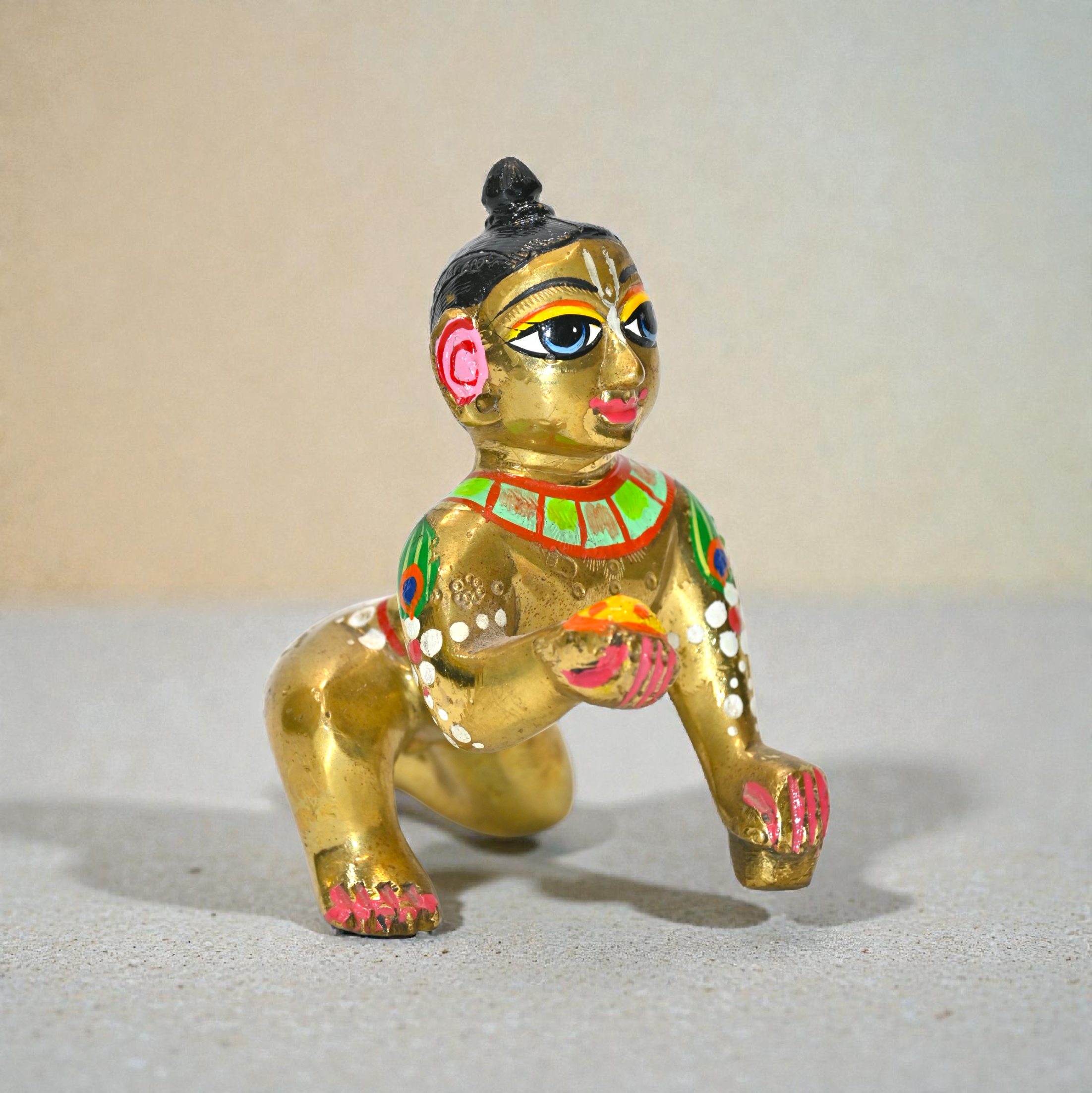  Laddu Gopal Ji Murti (Black Hair) | Golden Bal Gopal Krishna Idol with Makhan | Handcrafted Pital Thakur Ji for Home Mandir & Pooja 4 No Pure Brass