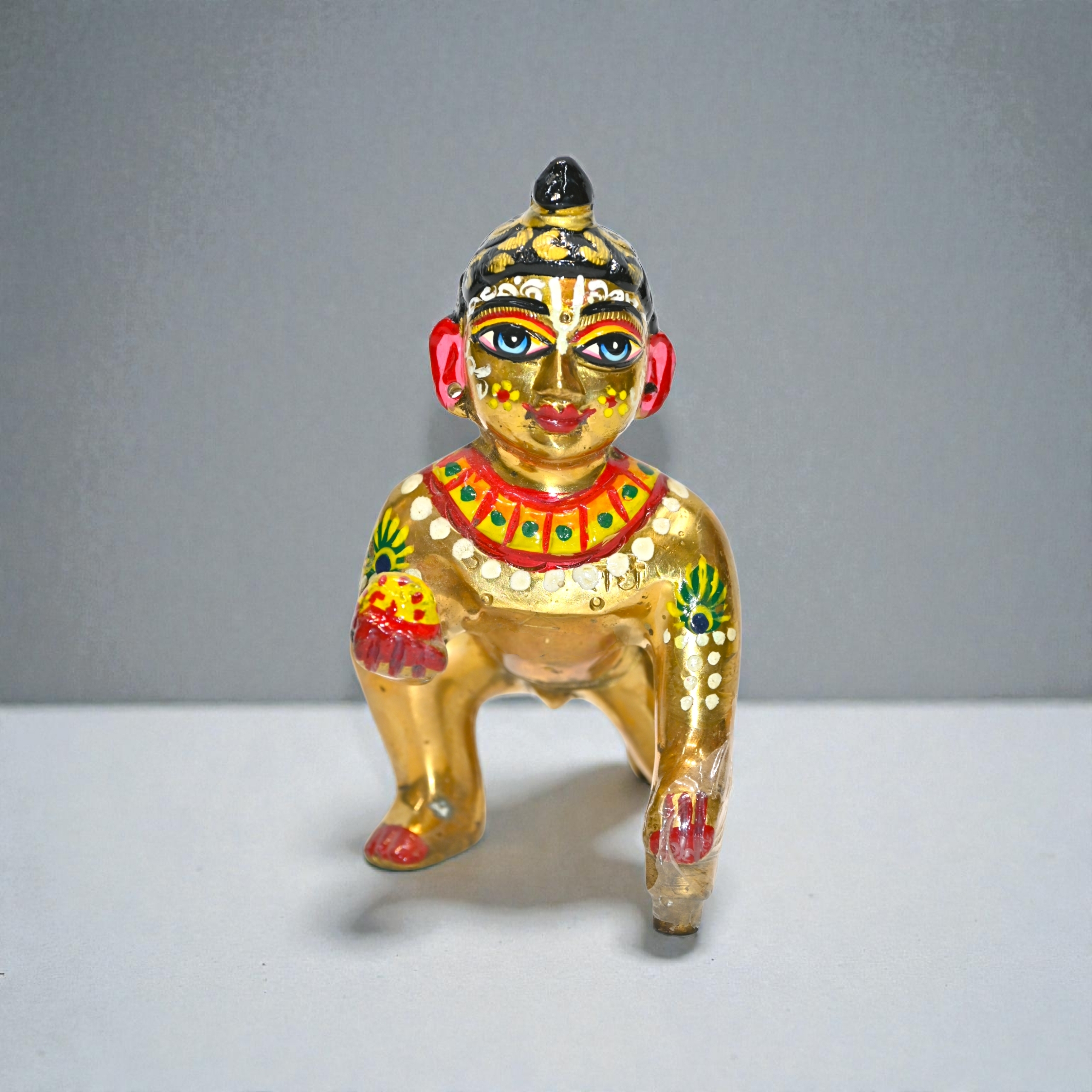 6 No Pure Brass Laddu Gopal Ji Murti | Black Hair Bal Gopal Krishna Idol with Makhan | Handcrafted Golden Pital Thakur Ji for Home Mandir & Pooja