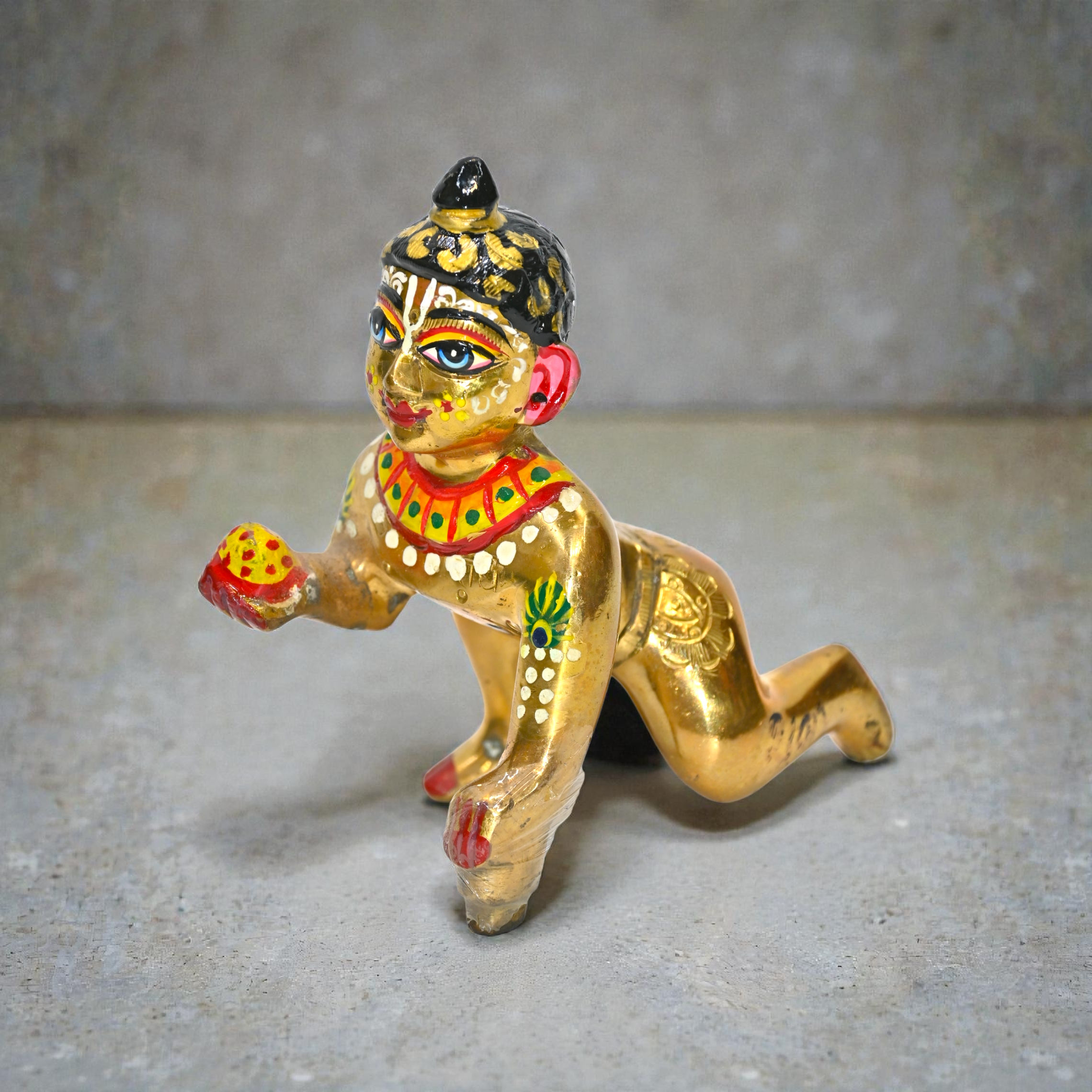 6 No Pure Brass Laddu Gopal Ji Murti | Black Hair Bal Gopal Krishna Idol with Makhan | Handcrafted Golden Pital Thakur Ji for Home Mandir & Pooja