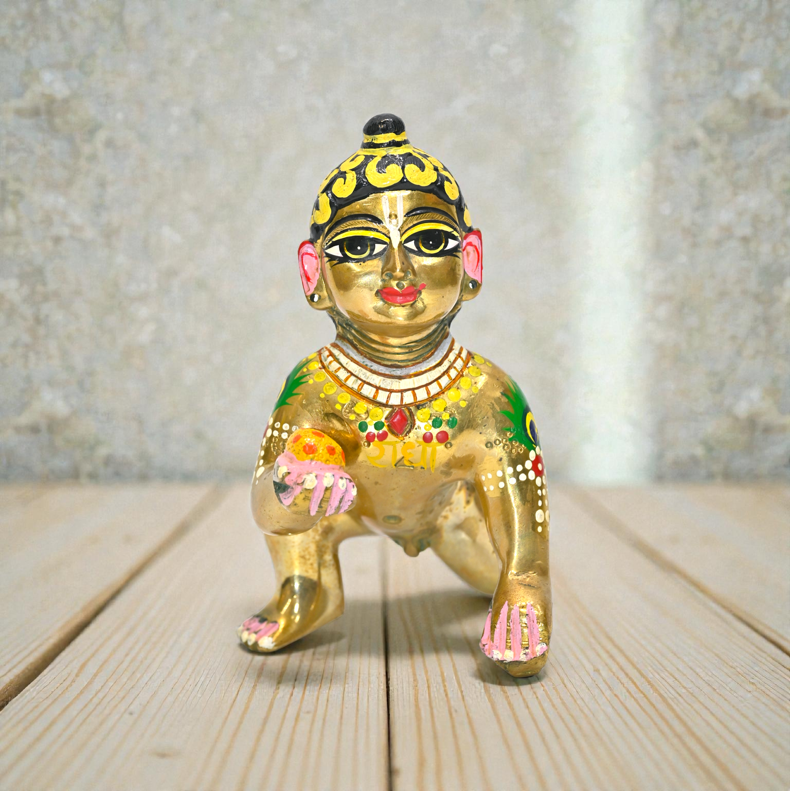 Laddu Gopal Ji Murti | Black Hair Bal Gopal Krishna Idol with Makhan | Handcrafted Golden Pital Thakur Ji for Home Mandir & Pooja 6 No Pure Brass 