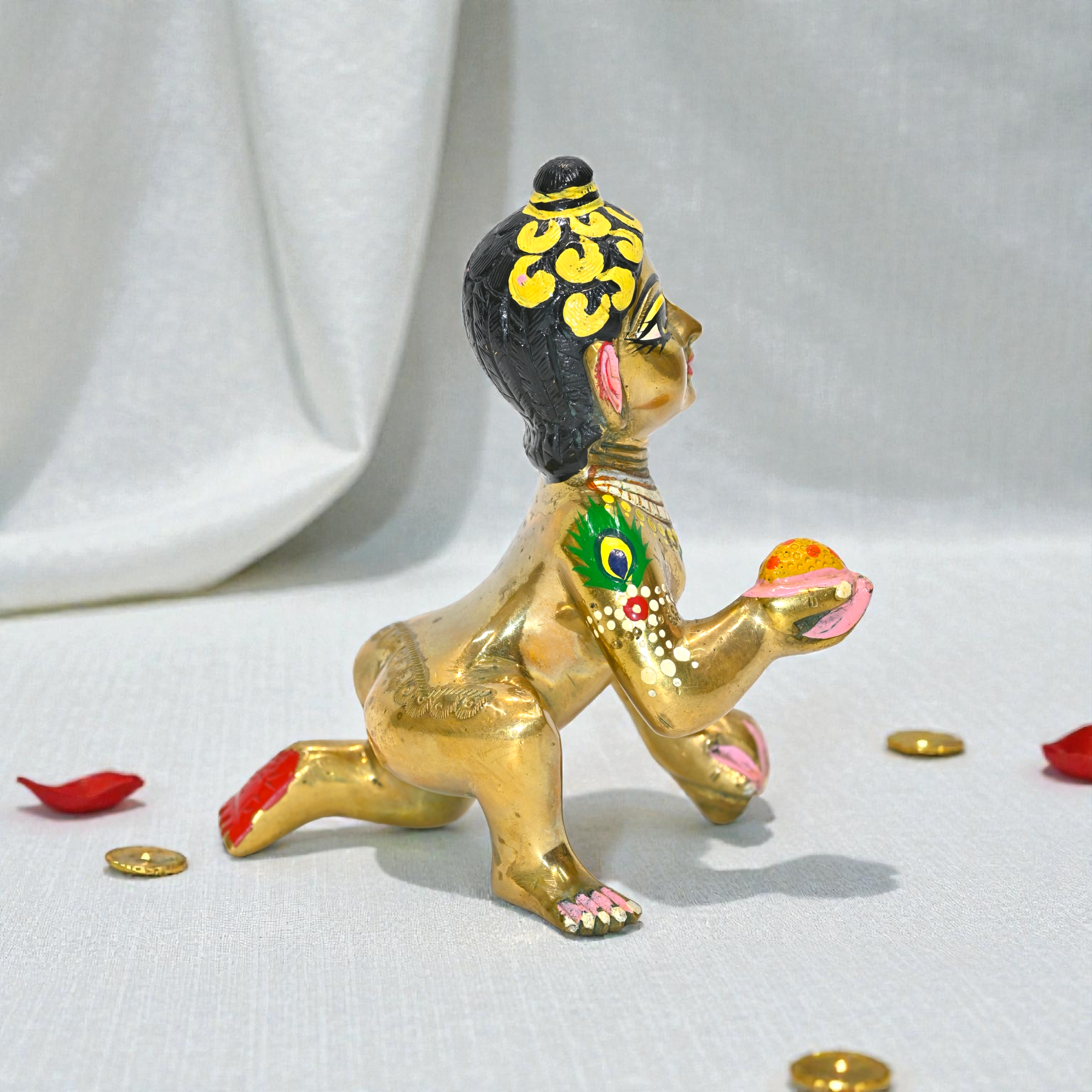 Laddu Gopal Ji Murti | Black Hair Bal Gopal Krishna Idol with Makhan | Handcrafted Golden Pital Thakur Ji for Home Mandir & Pooja 6 No Pure Brass 