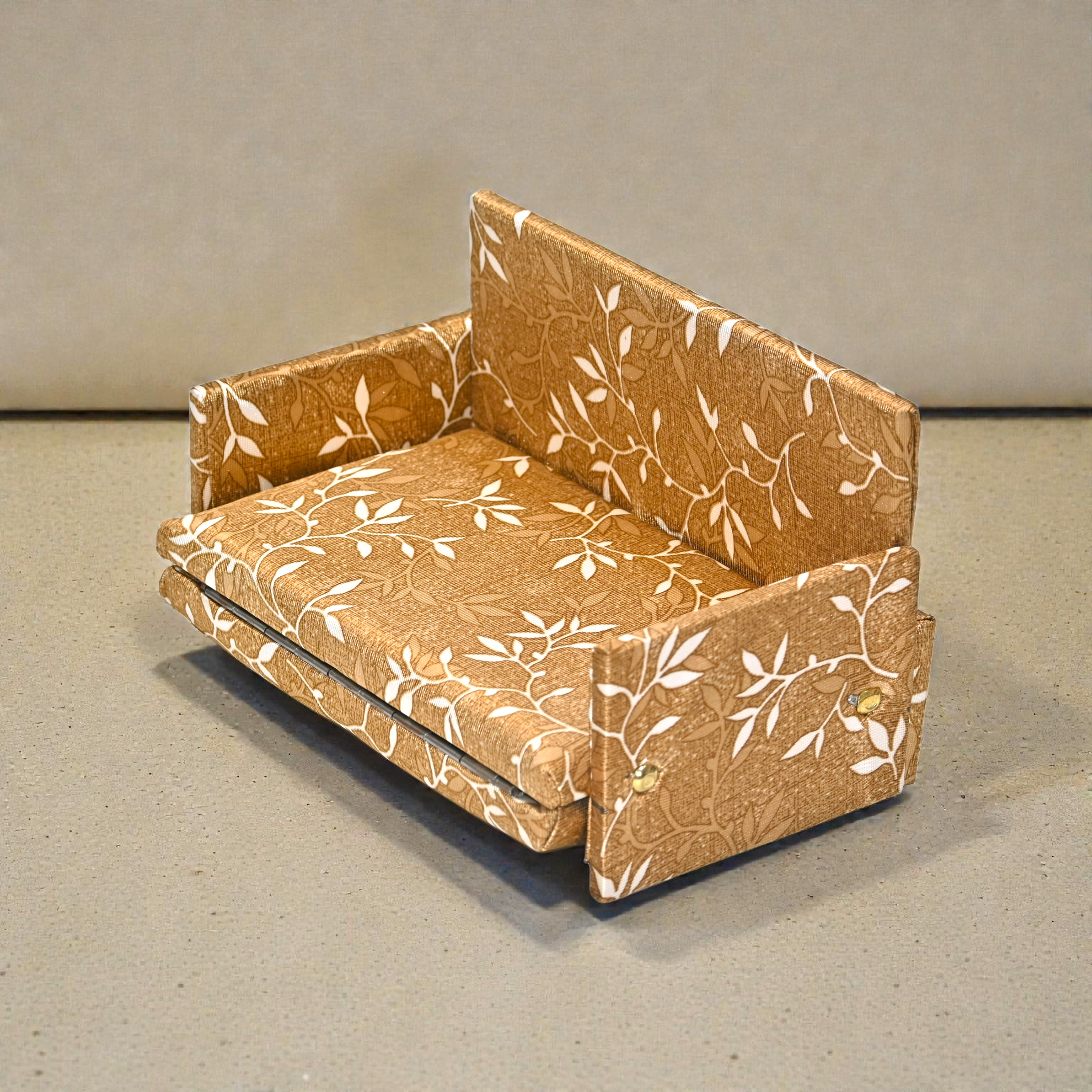 Wooden Foldable Sofa Cum Bed for Laddu Gopal Ji Best For 0-7 No Kanha Ji | Mini Sofa with Mattress | Pooja & Temple Decorative Furniture | Brown Floral Design