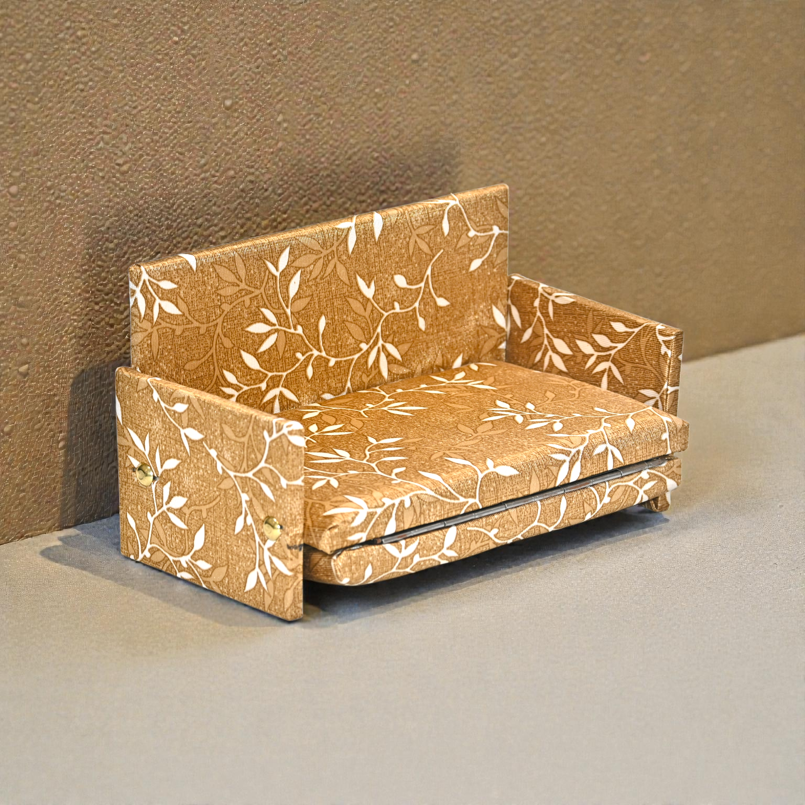 Wooden Foldable Sofa Cum Bed for Laddu Gopal Ji Best For 0-7 No Kanha Ji | Mini Sofa with Mattress | Pooja & Temple Decorative Furniture | Brown Floral Design