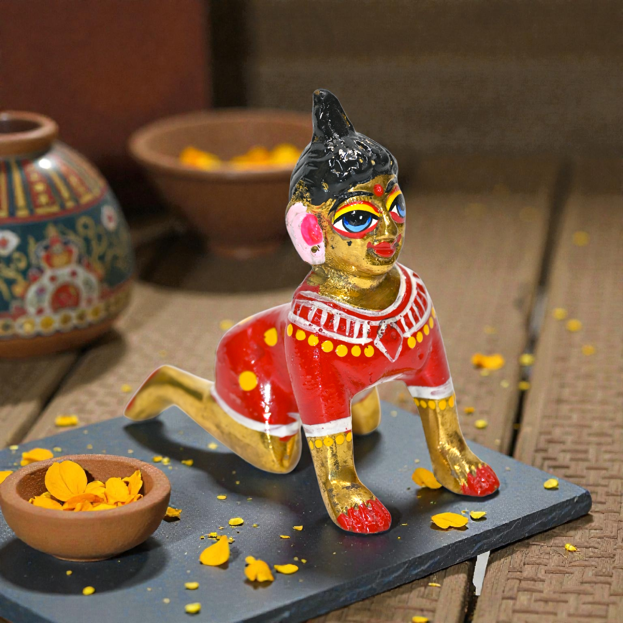Brass Radha Ji Idol Crawling Pose | Handcrafted Brass Murti for Pooja, Mandir & Home Décor | Traditional Painted Finish