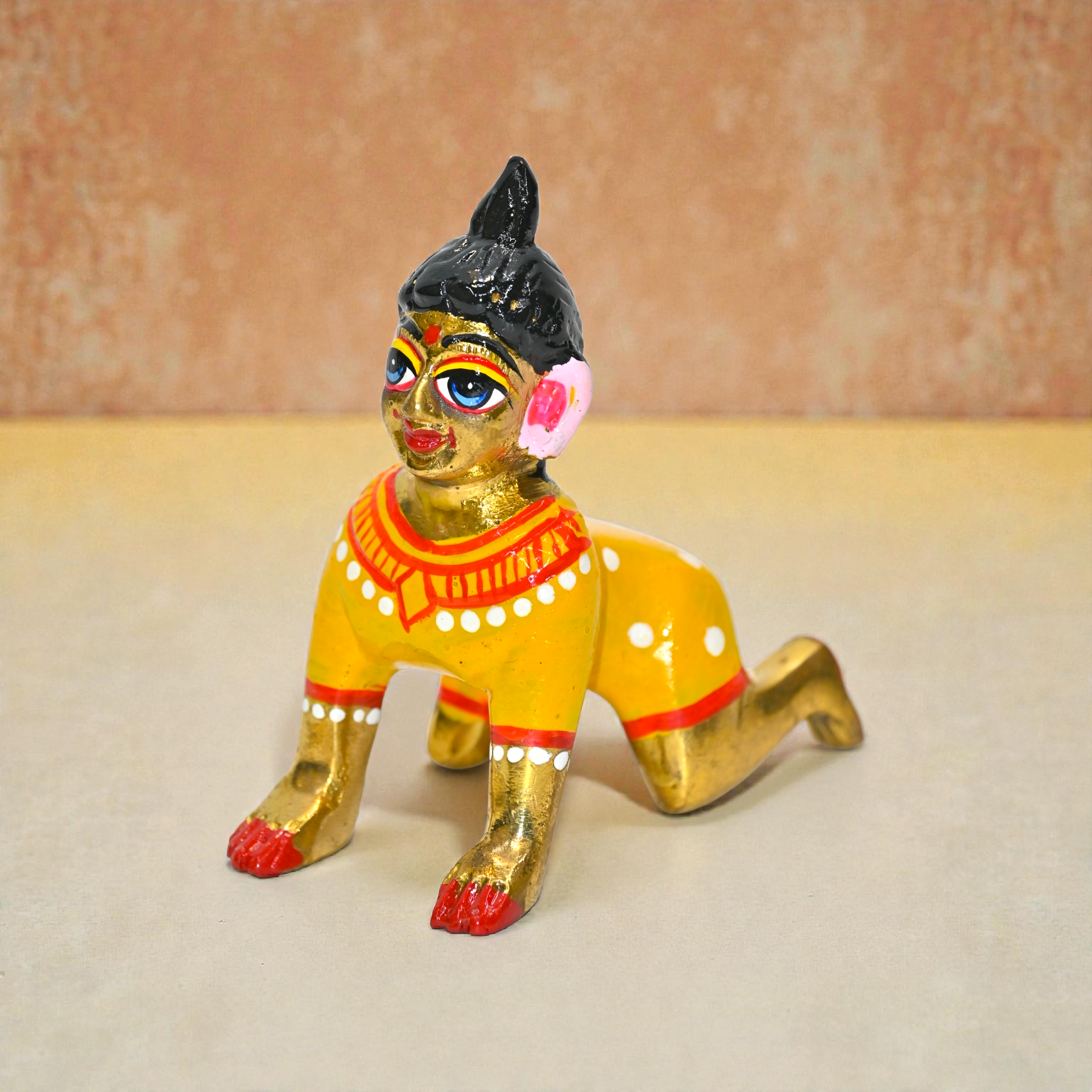 Brass Radha Ji Idol Crawling Pose | Handcrafted Brass Murti for Pooja, Mandir & Home Décor | Traditional Painted Finish