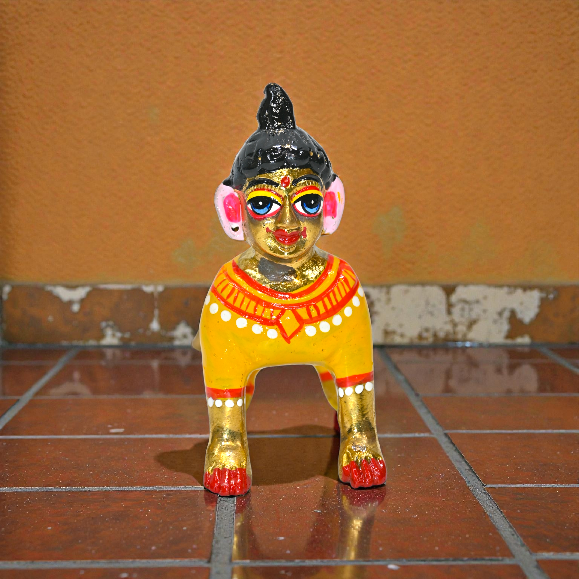 Brass Radha Ji Idol Crawling Pose | Handcrafted Brass Murti for Pooja, Mandir & Home Décor | Traditional Painted Finish