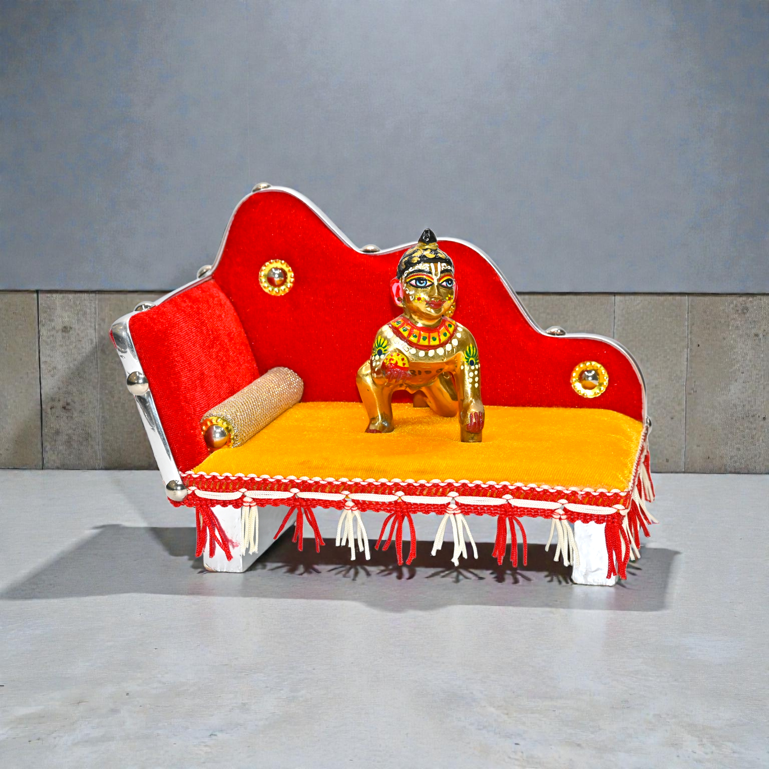 Designer Singhasan Sofa for Laddu Gopal Ji | Velvet Pooja Seat with Cushion & Bolster | Shringar Mandir Decorative Chowki