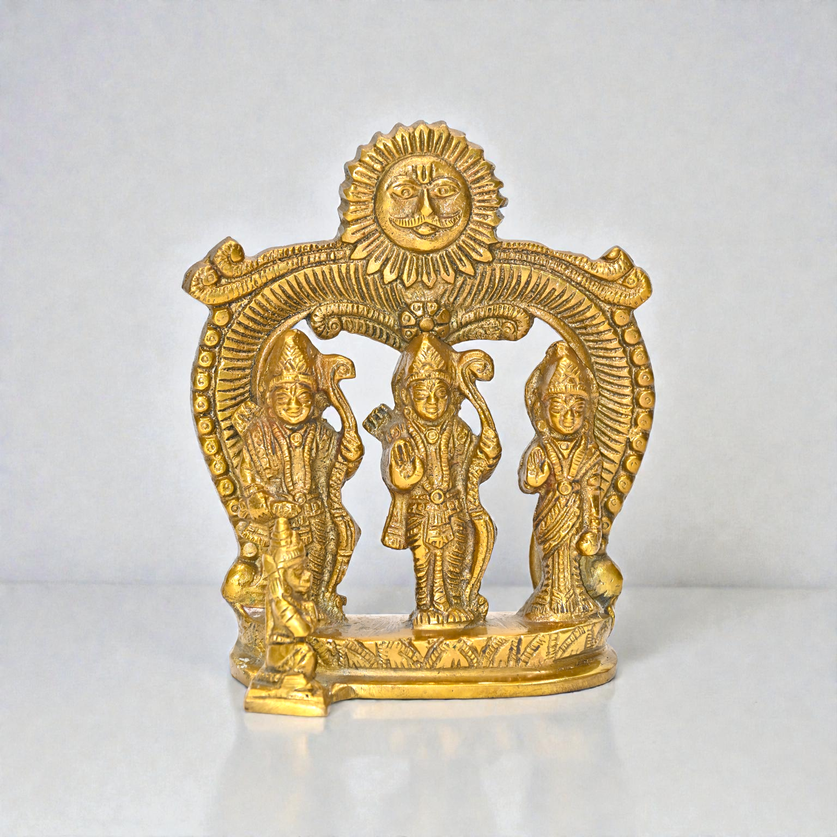 Brass Ram Darbar Idol with Ram, Sita, Lakshman & Hanuman | Handcrafted Hindu Puja Murti for Mandir & Home Décor | Traditional Golden Finish