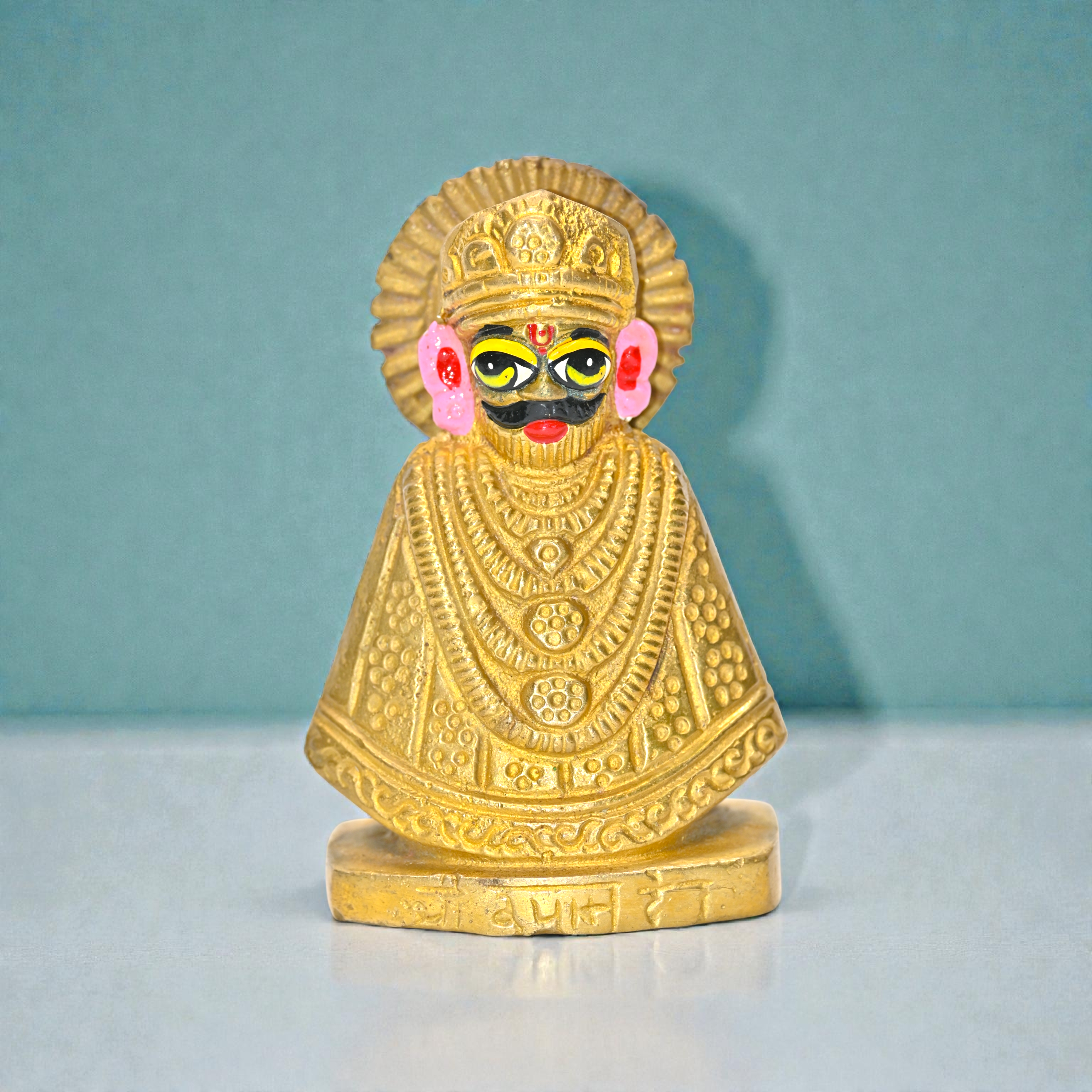 Brass Khatu Shyam Ji Idol | Handcrafted Shyam Baba Murti for Pooja, Mandir & Home Décor | Traditional Hand-Painted Golden Finish