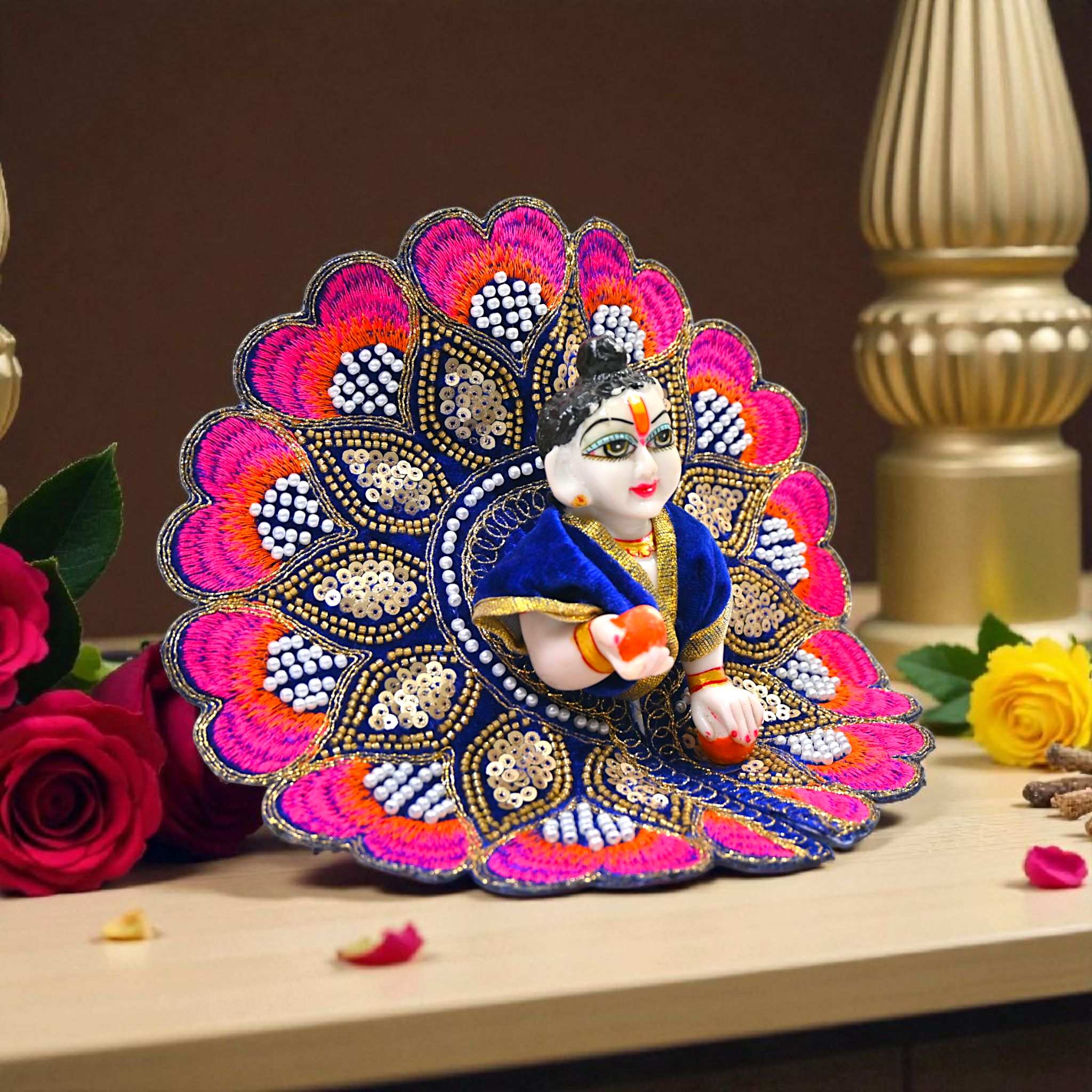 Velvet Embroidered Laddu Gopal Ji Dress | Designer Peacock Style Poshak for Krishna Ji | Bal Gopal Vastra for Janmashtami & Daily Pooja | 6 Colors (Size 0–6) (Blue)