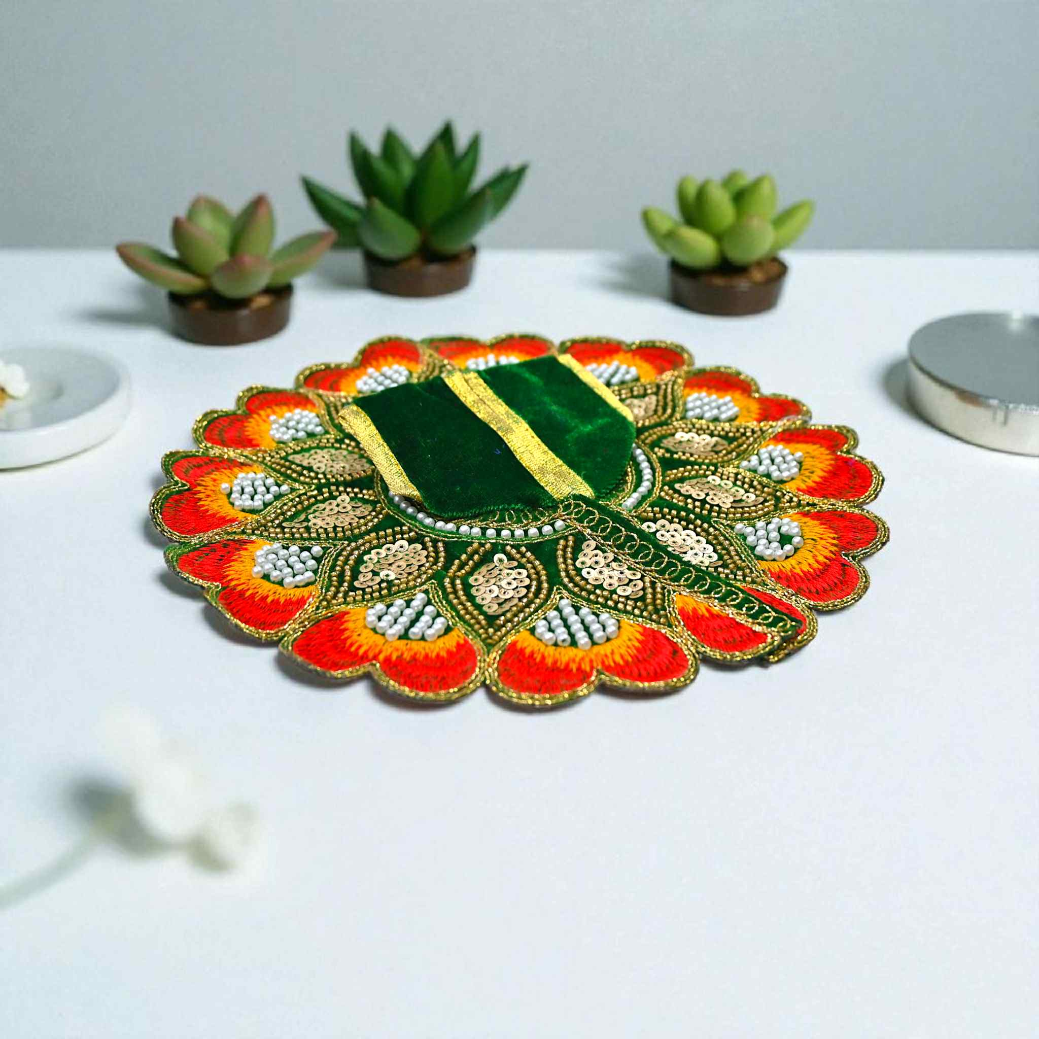 Velvet Embroidered Laddu Gopal Ji Dress | Designer Peacock Style Poshak for Krishna Ji | Bal Gopal Vastra for Janmashtami & Daily Pooja | 6 Colors (Size 0–6) (Green)