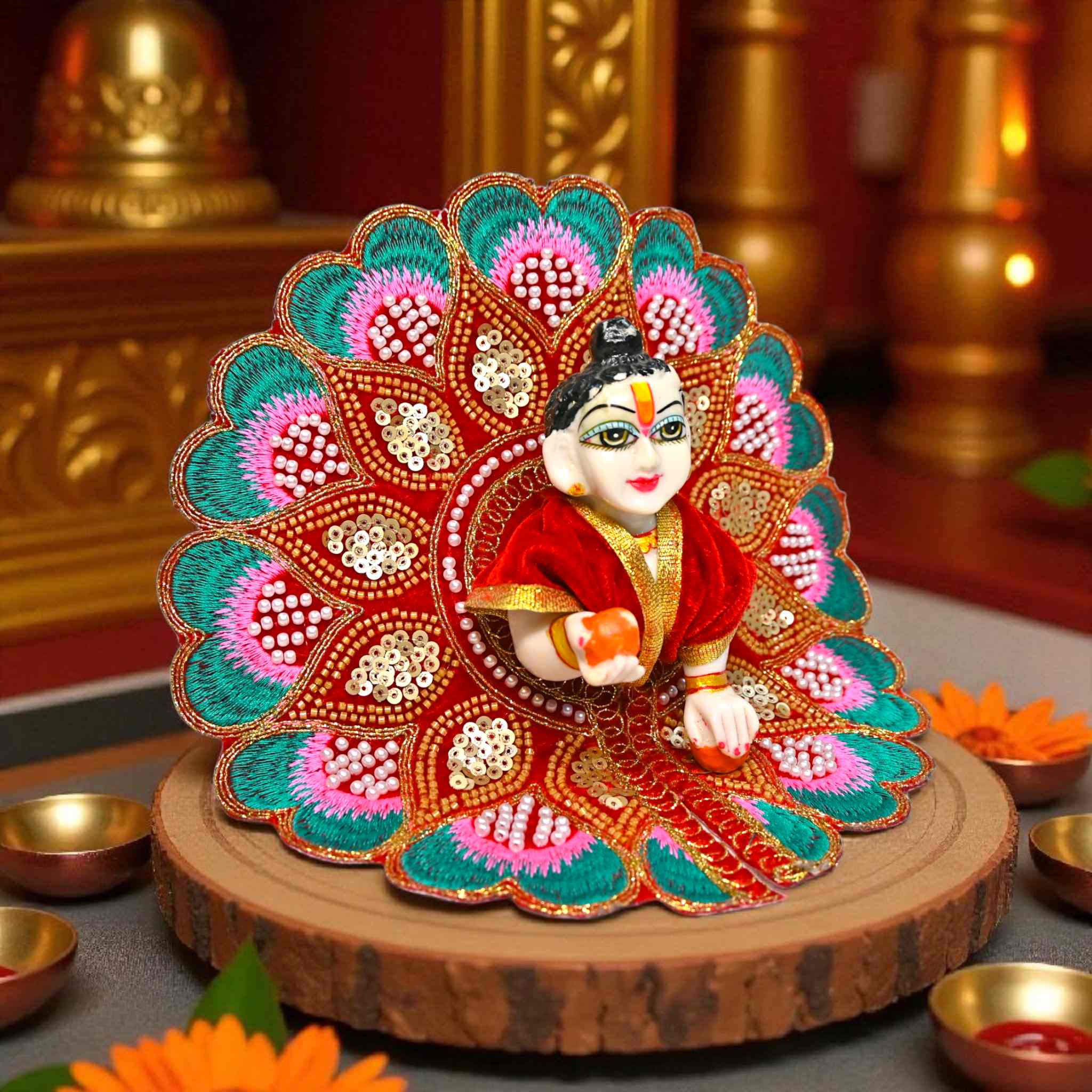 Velvet Embroidered Laddu Gopal Ji Dress | Designer Peacock Style Poshak for Krishna Ji | Bal Gopal Vastra for Janmashtami & Daily Pooja | 6 Colors (Size 0–6) (Maroon Red)