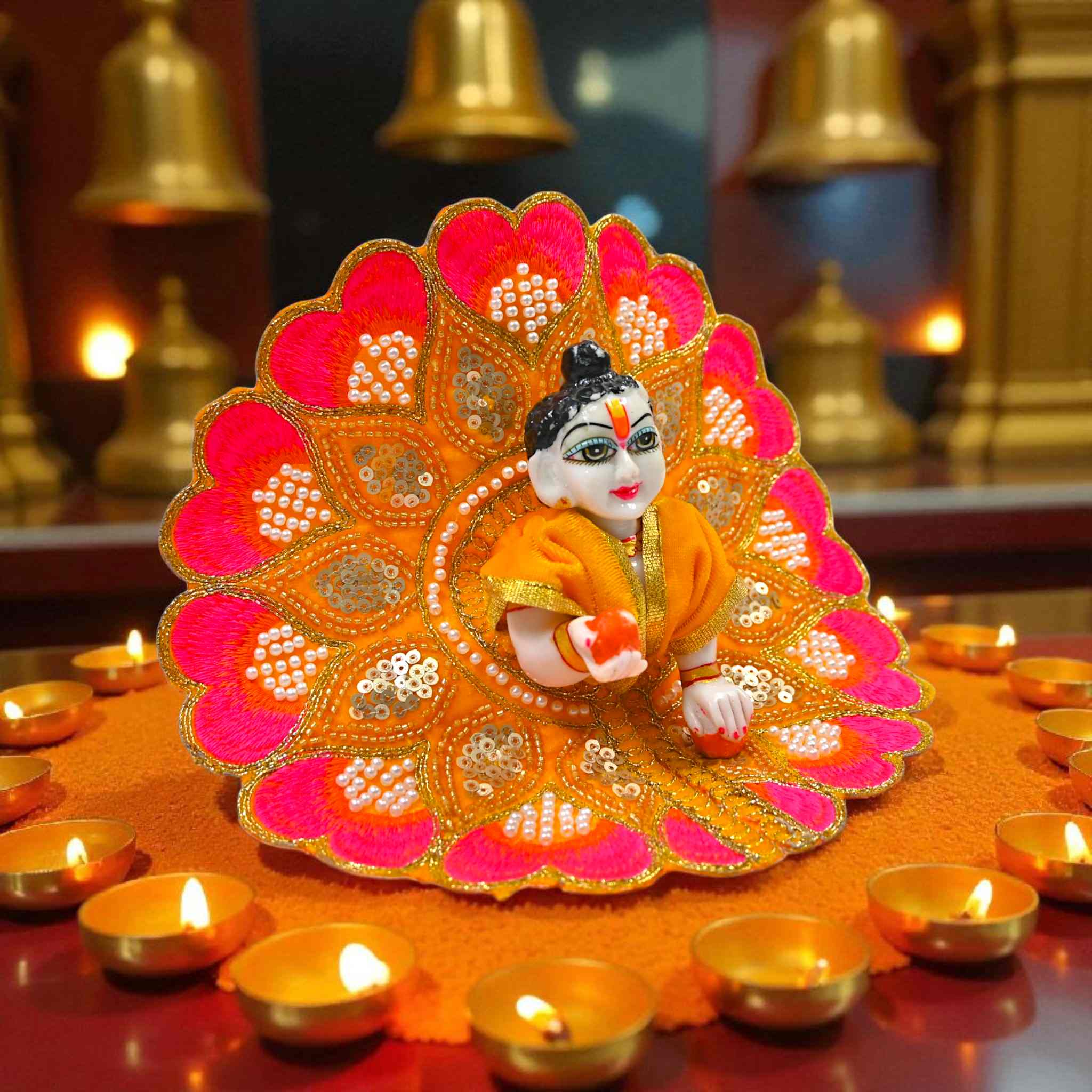 Velvet Embroidered Laddu Gopal Ji Dress | Designer Peacock Style Poshak for Krishna Ji | Bal Gopal Vastra for Janmashtami & Daily Pooja | 6 Colors (Size 0–6) (Yellow)