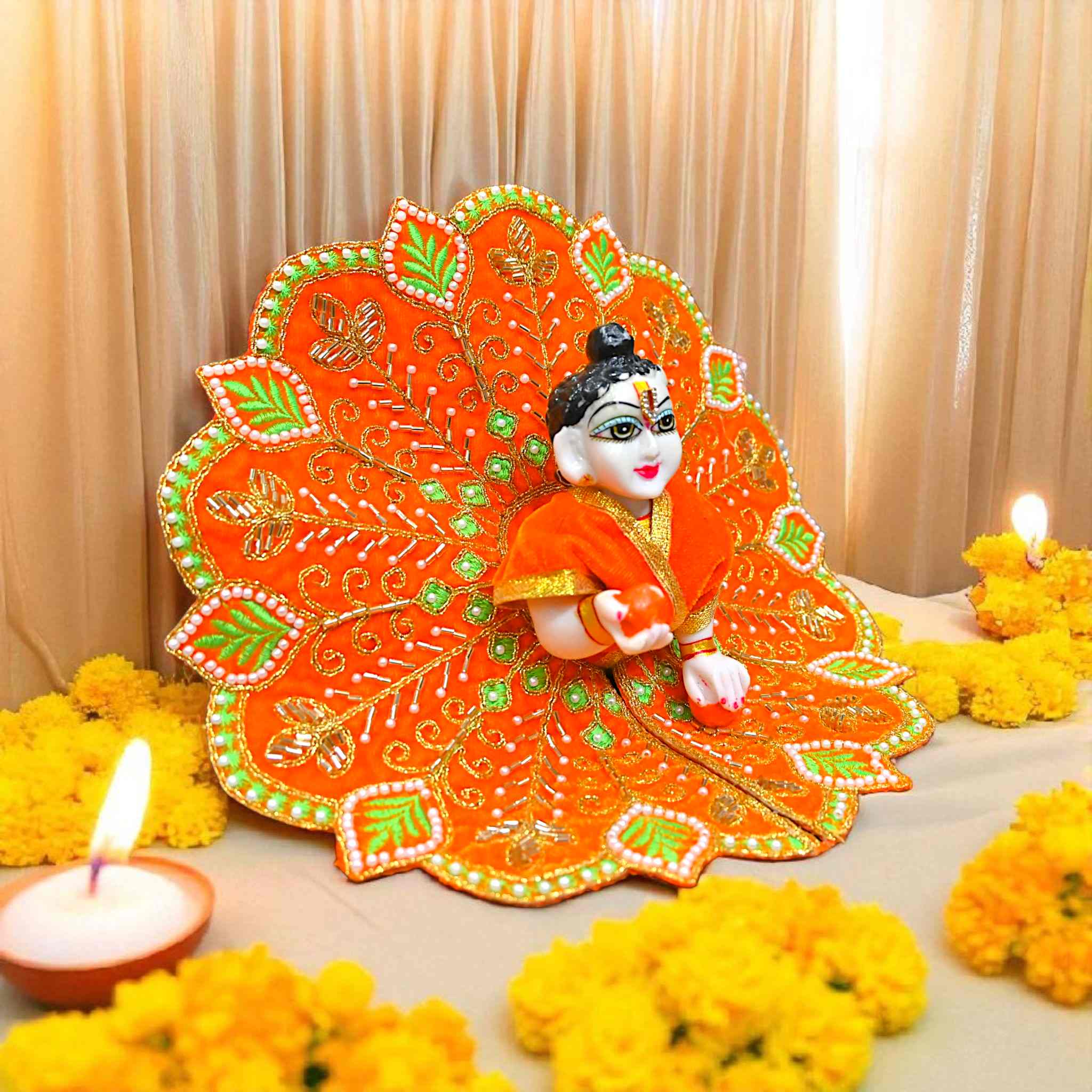 Velvet Laddu Gopal Ji Dress (Size 0–6) | Handmade Embroidered Poshak for Bal Gopal Ji | Krishna Ji Vastra for Janmashtami, Diwali & Daily Pooja (Orange)