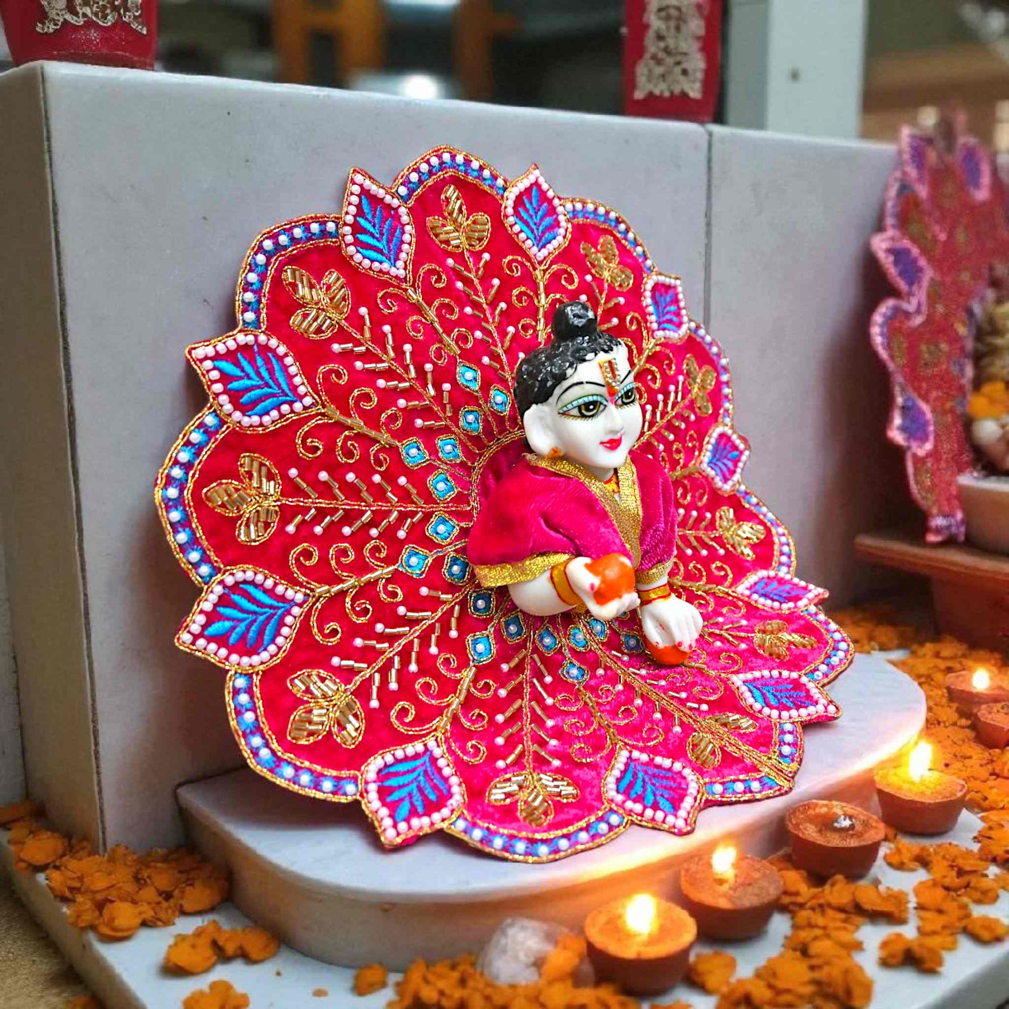 Velvet Laddu Gopal Ji Dress (Size 0–6) | Handmade Embroidered Poshak for Bal Gopal Ji | Krishna Ji Vastra for Janmashtami, Diwali & Daily Pooja (Pink)