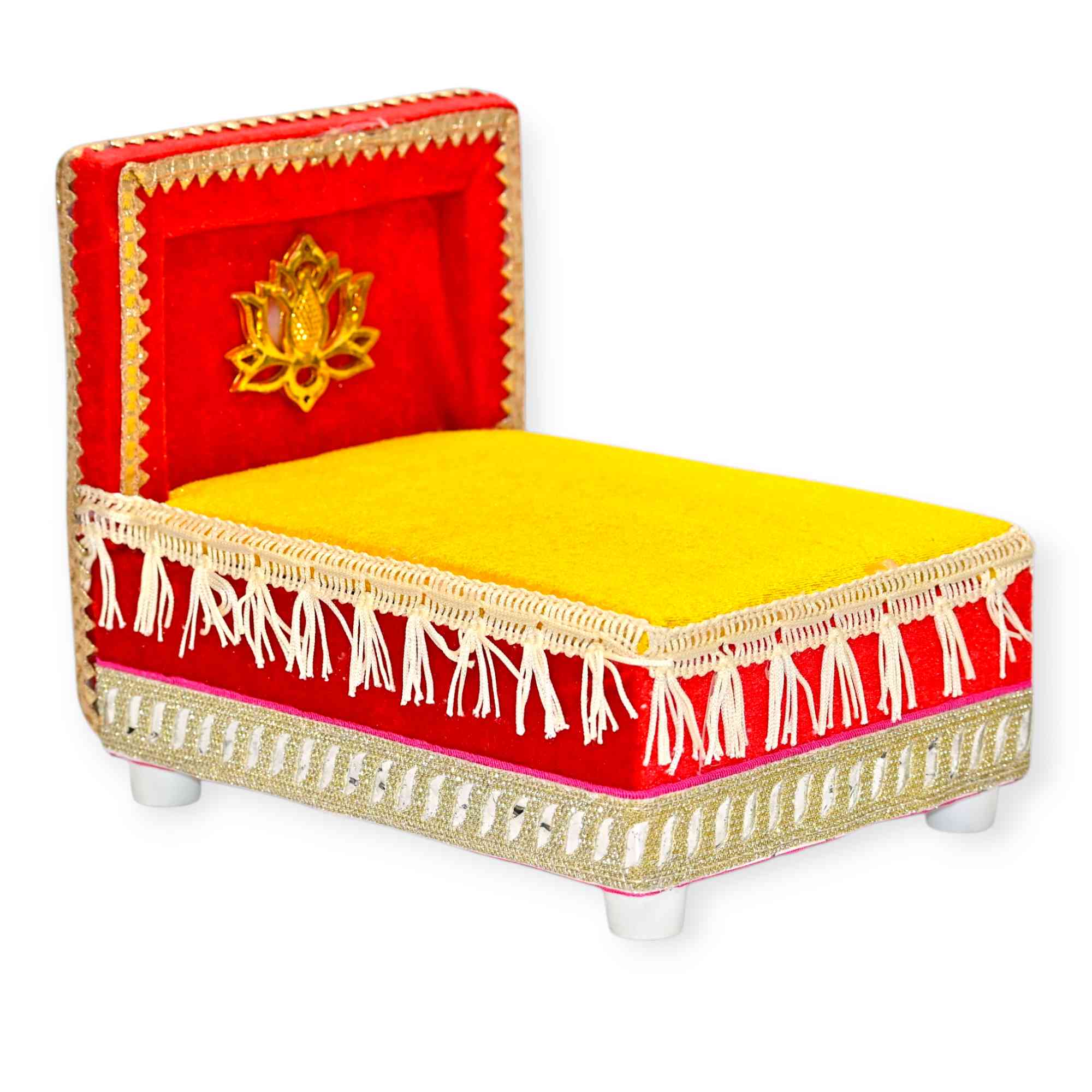 Laddu Gopal Ji Singhasan / Chowki | Velvet Cloth Pooja Aasan with Backrest |Handcrafted Gaddi Kanha ji Bed Decorative Thakur Ji Seat for Home Temple | Red & Yellow Color