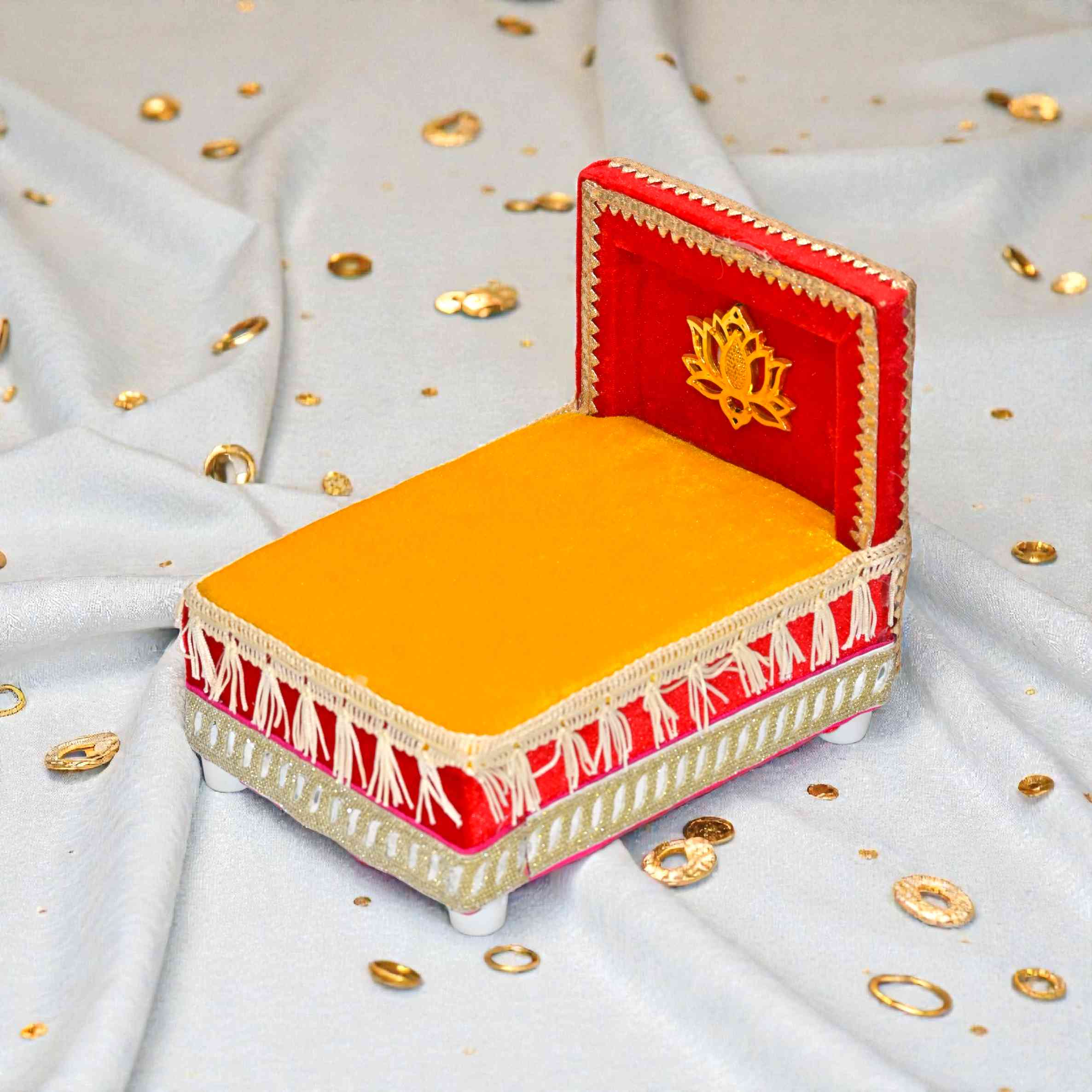 Laddu Gopal Ji Singhasan / Chowki | Velvet Cloth Pooja Aasan with Backrest |Handcrafted Gaddi Kanha ji Bed Decorative Thakur Ji Seat for Home Temple | Red & Yellow Color