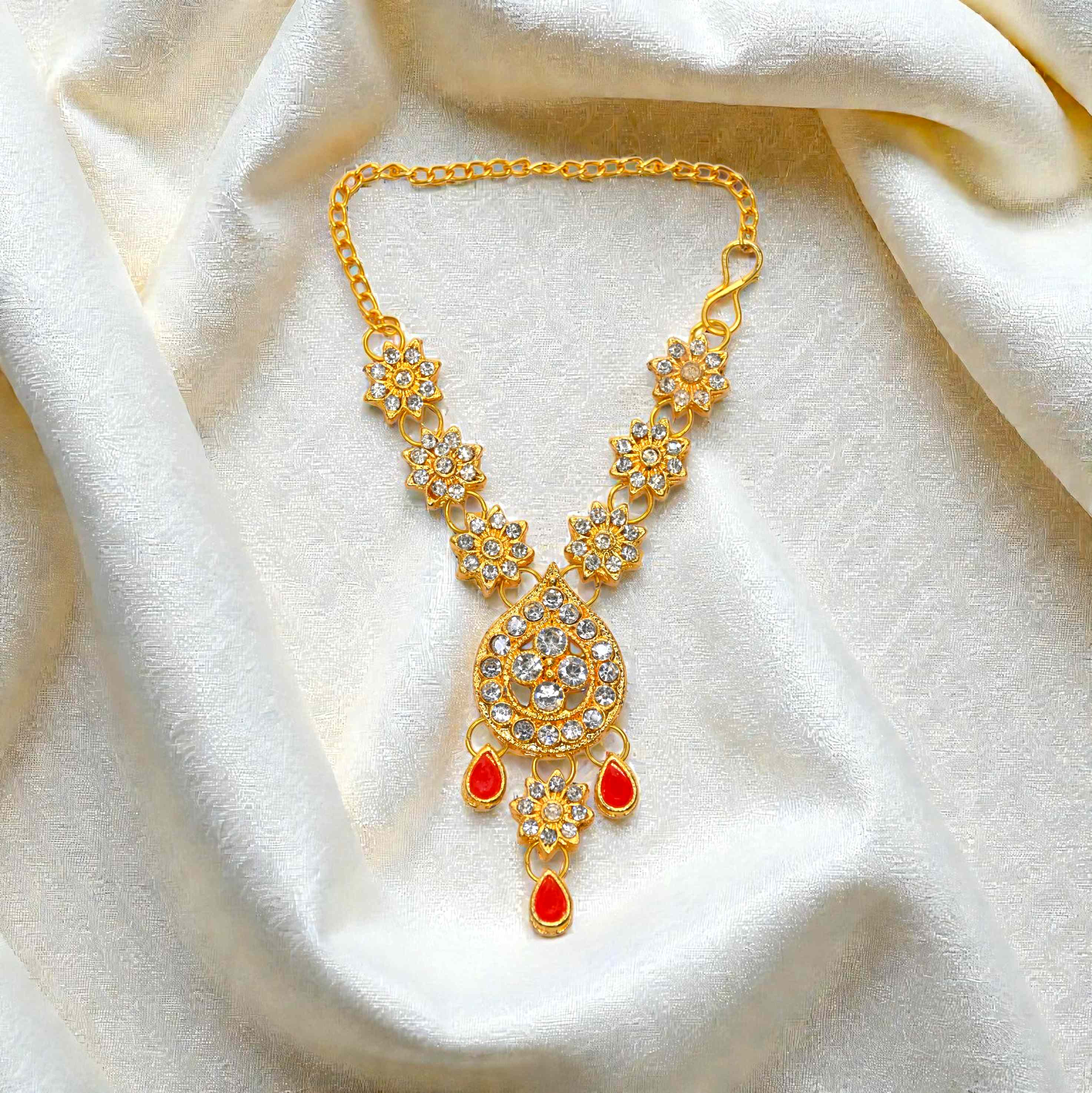 Floral Kundan Laddu Gopal Haar with Green Drops | Thakur Ji Shringar Necklace | Suitable for 4, 5, 6 & 8 No Laddu Gopal Ji | Designer Deity Jewellery for Pooja & Janmashtami