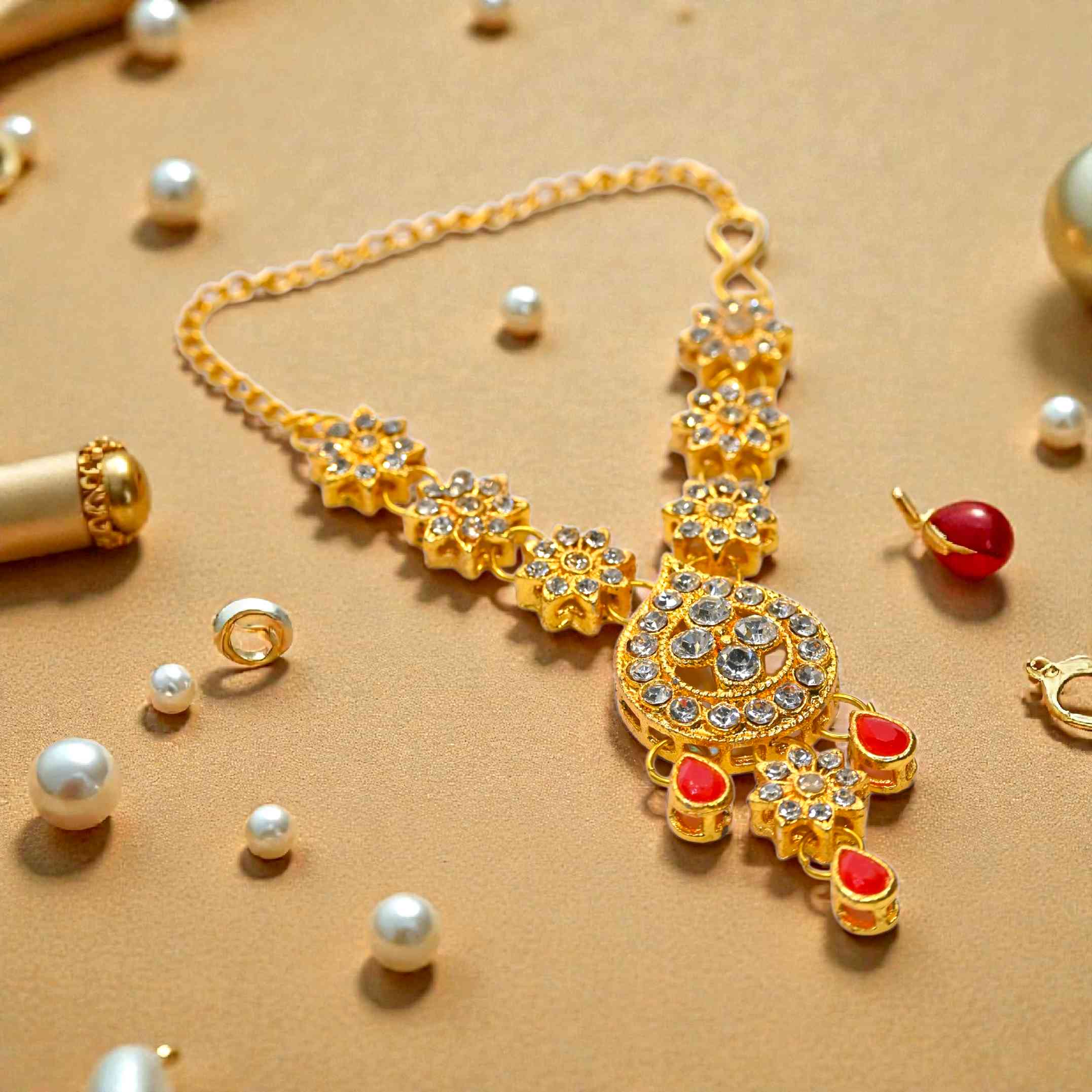 Floral Kundan Laddu Gopal Haar with Green Drops | Thakur Ji Shringar Necklace | Suitable for 4, 5, 6 & 8 No Laddu Gopal Ji | Designer Deity Jewellery for Pooja & Janmashtami