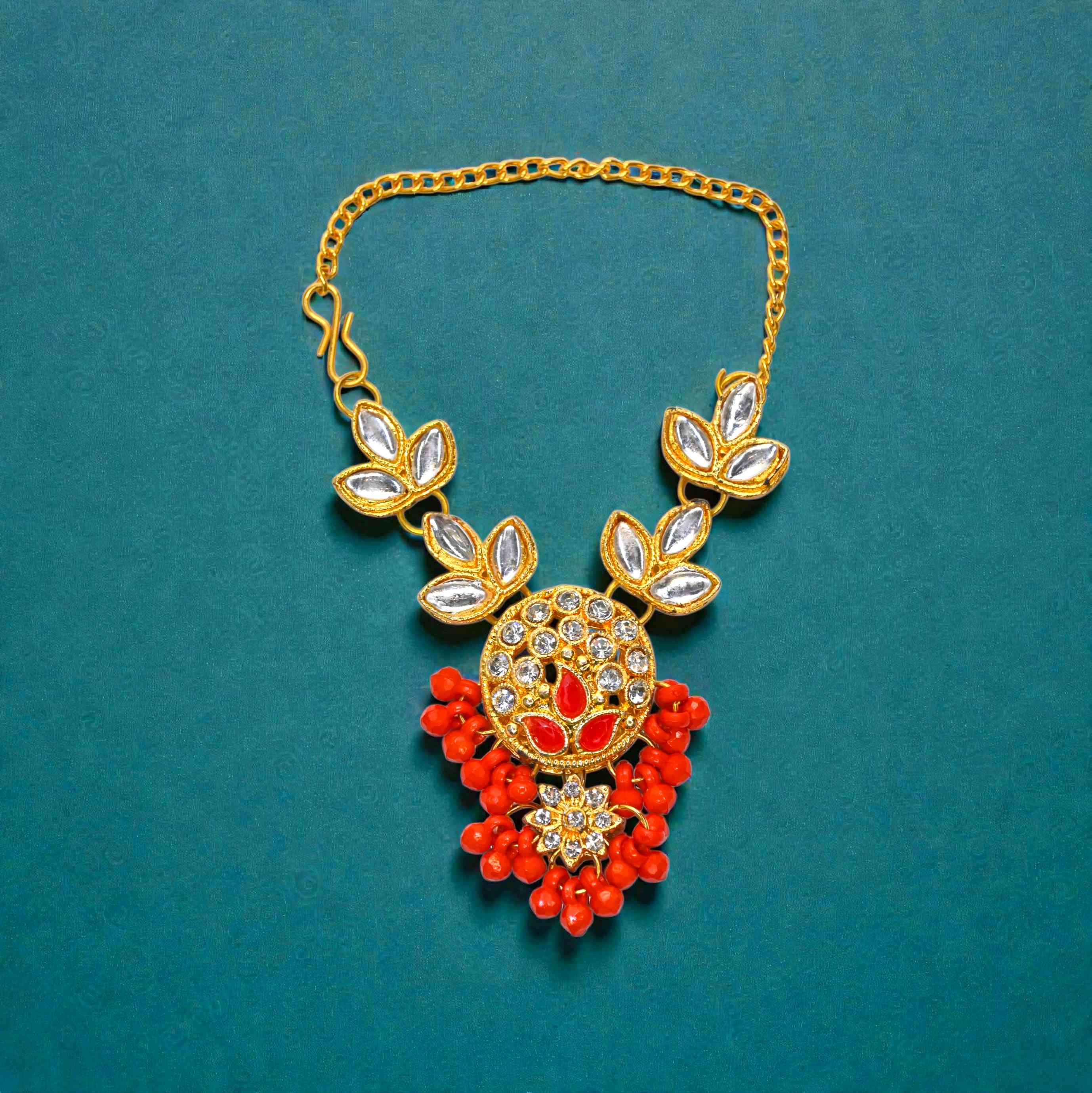 Kundan Red Beads Laddu Gopal Haar | Thakur Ji Shringar Necklace with Leaf Design | Suitable for 4, 5, 6 & 8 No Laddu Gopal Ji | Designer Deity Jewellery for Pooja & Janmashtami