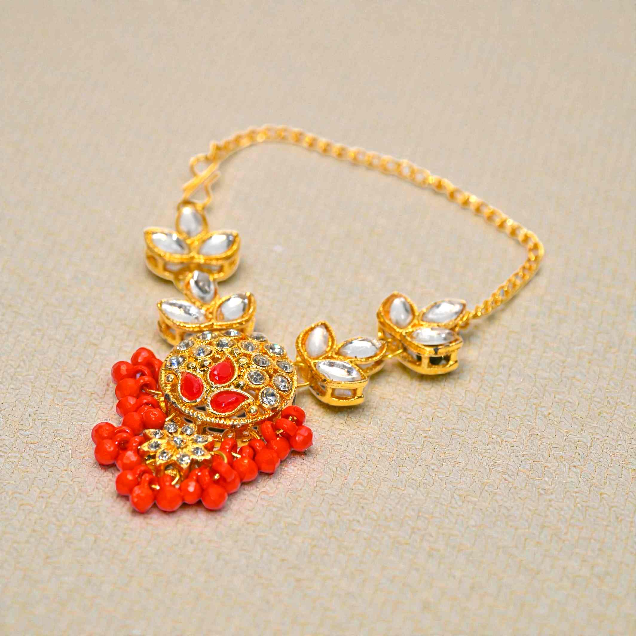 Kundan Red Beads Laddu Gopal Haar | Thakur Ji Shringar Necklace with Leaf Design | Suitable for 4, 5, 6 & 8 No Laddu Gopal Ji | Designer Deity Jewellery for Pooja & Janmashtami